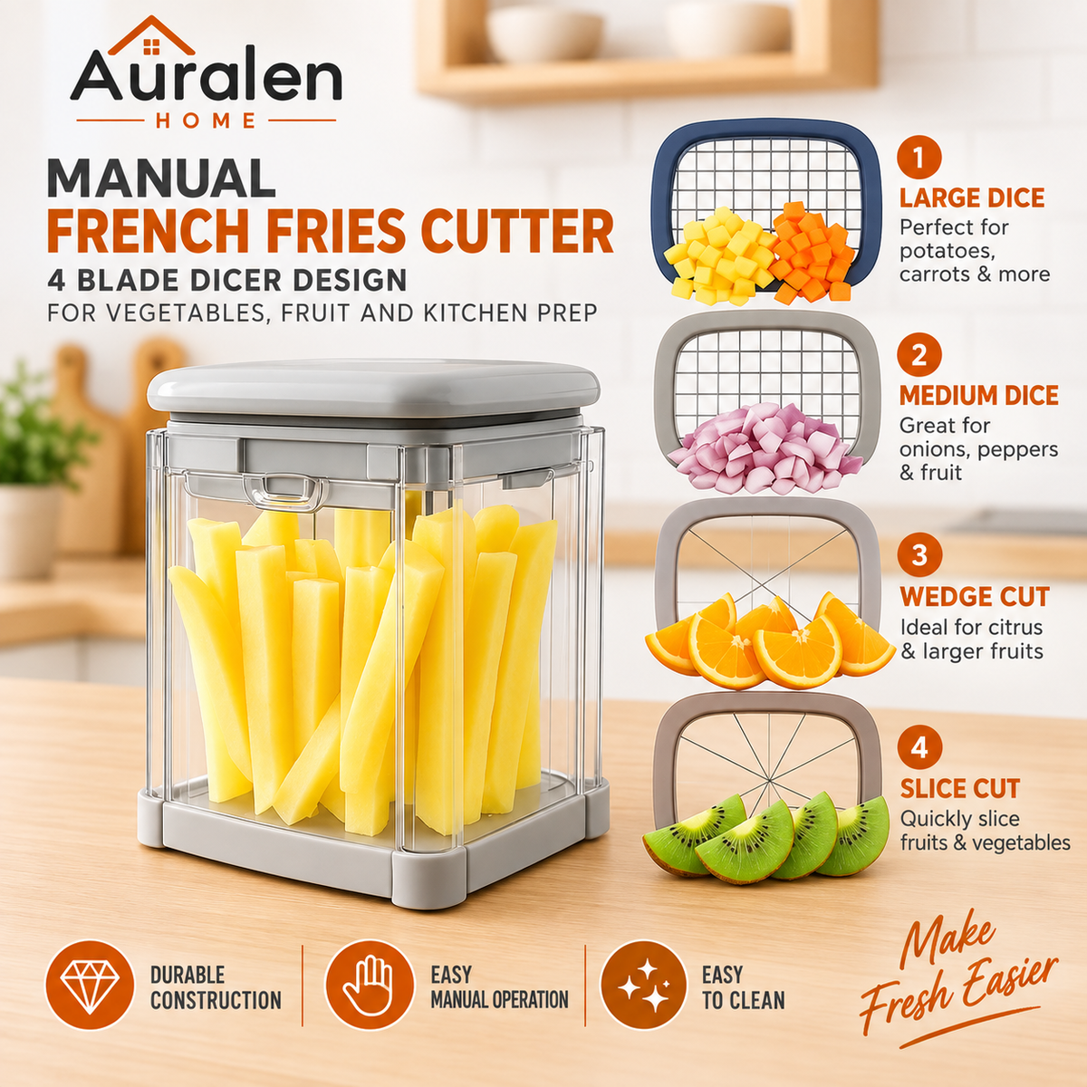Auralen Home — Manual French Fries Cutter with 4 Blade Dicer Design for Vegetables Fruit and Kitchen Prep