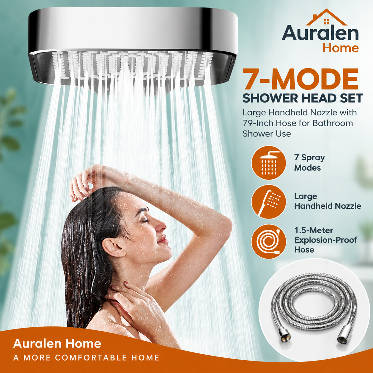 Auralen Home — 7-Mode Shower Head Set with Large Handheld Nozzle and 79-Inch Hose for Bathroom Shower Use (Included Shower head + 1.5-meter Explosion-Proof hose