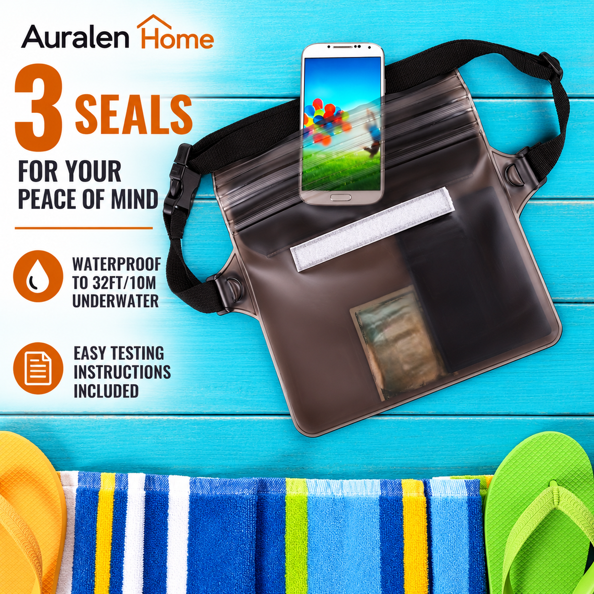 Auralen Home — Waterproof Waist Bag with Three Layer Sealed Design for Swimming Beach and Travel Use