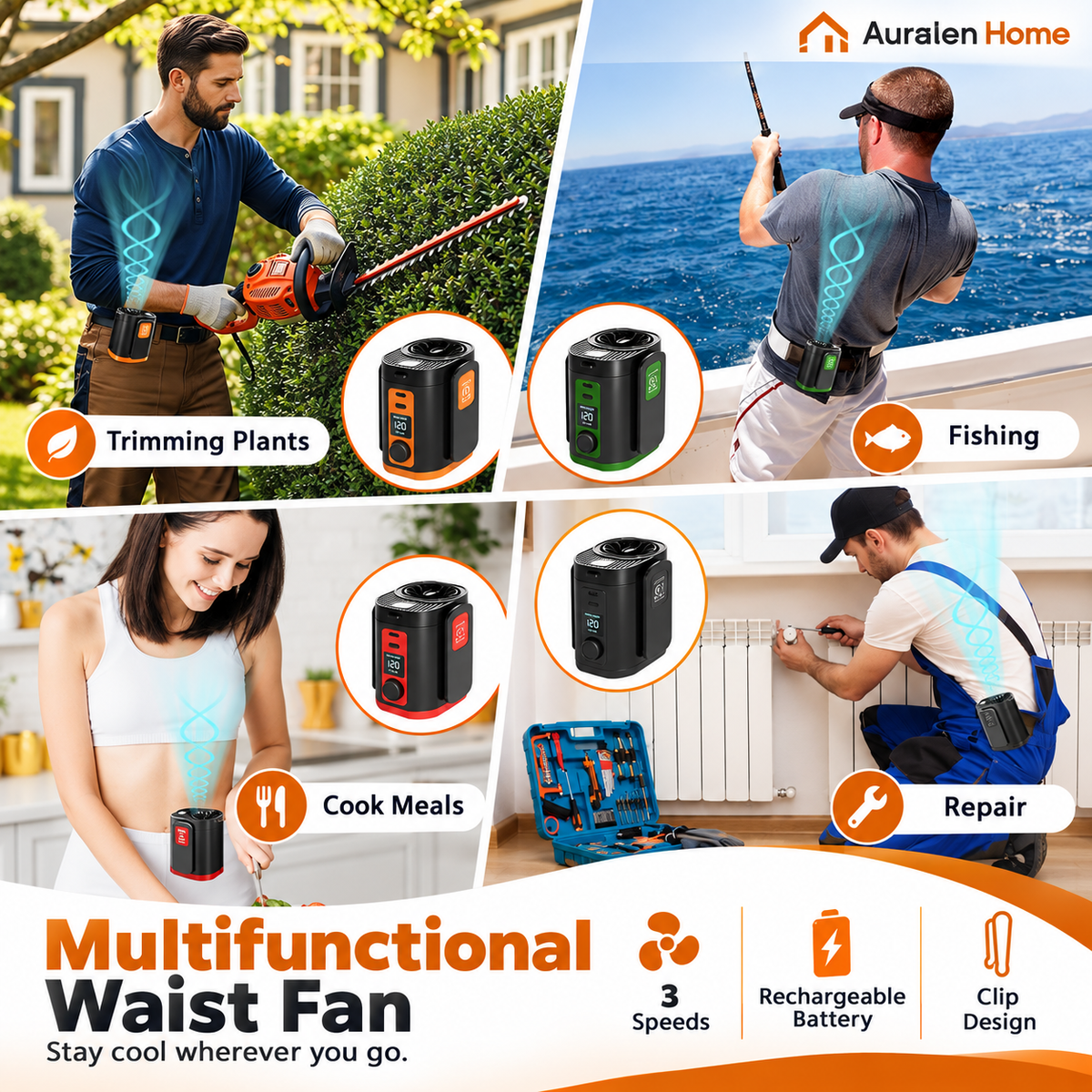 Auralen Home — Portable Waist Fan with Rechargeable Battery and 3-Speed Clip Design for Outdoor Use