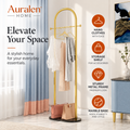 Auralen Home — Metal Free-Standing Clothes Hanger with Marble Base, Minimalist Bedroom Coat Rack with Storage Shelf for Garments and Accessories
