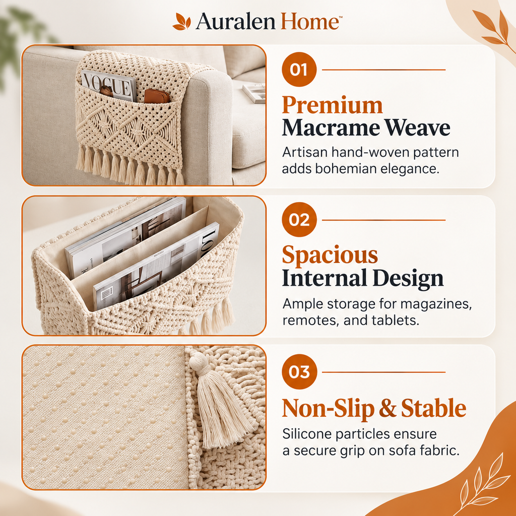 Auralen Home — Boho Armrest Organizer with Handmade Hanging Pocket Design for Sofas Beds Remotes and Magazines