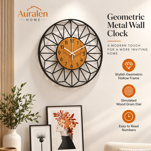 Auralen Home — Geometric Metal Wall Clock with Hollow Frame and Simulated Wood Grain Dial for Living Room Decor