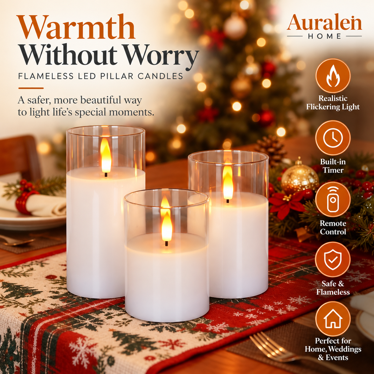 Auralen Home — Flameless LED Pillar Candles with Remote Control, Timer and Flickering Light for Home, Wedding and Event Décor