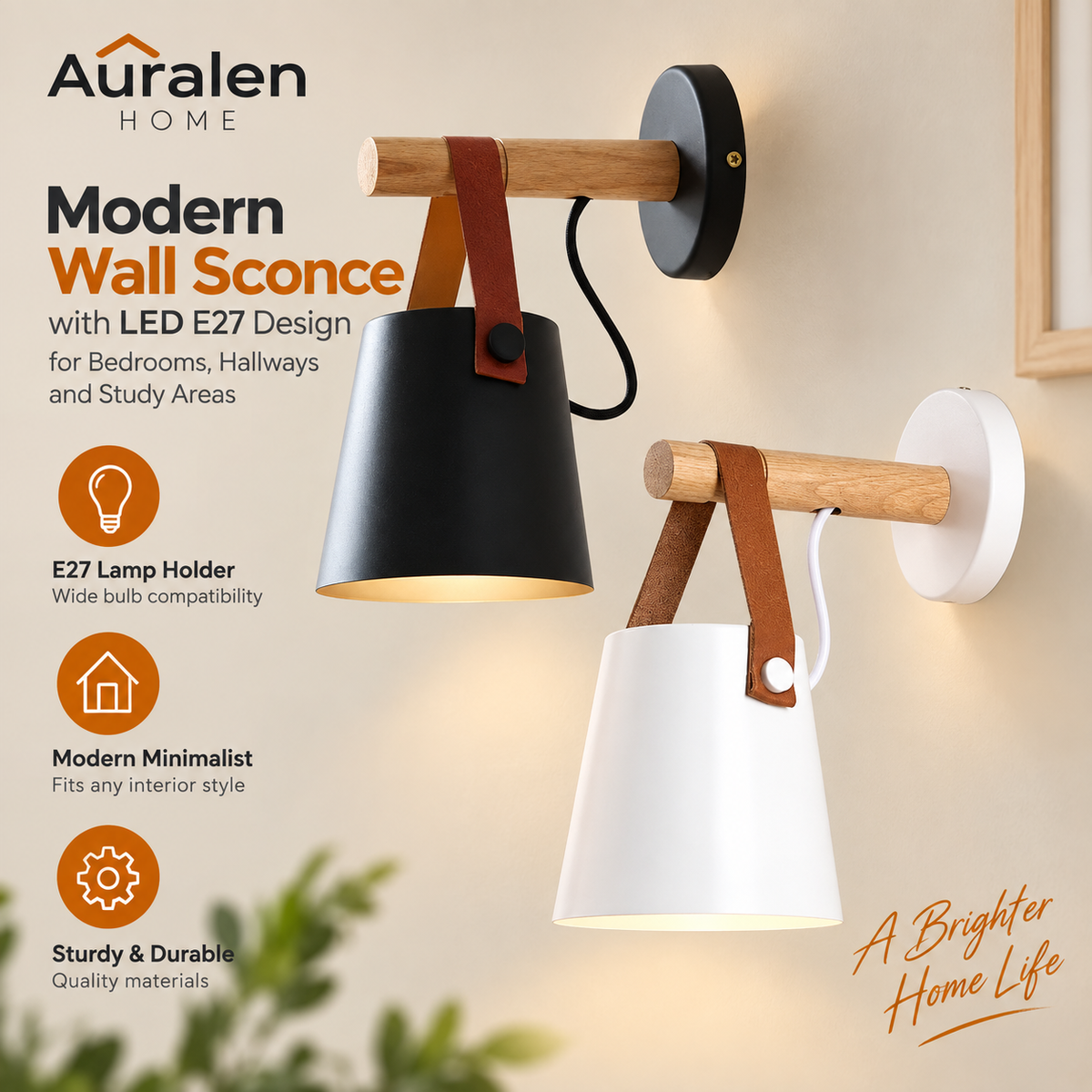 Auralen Home — Modern Wall Sconce with LED E27 Design for Bedrooms Hallways and Study Areas