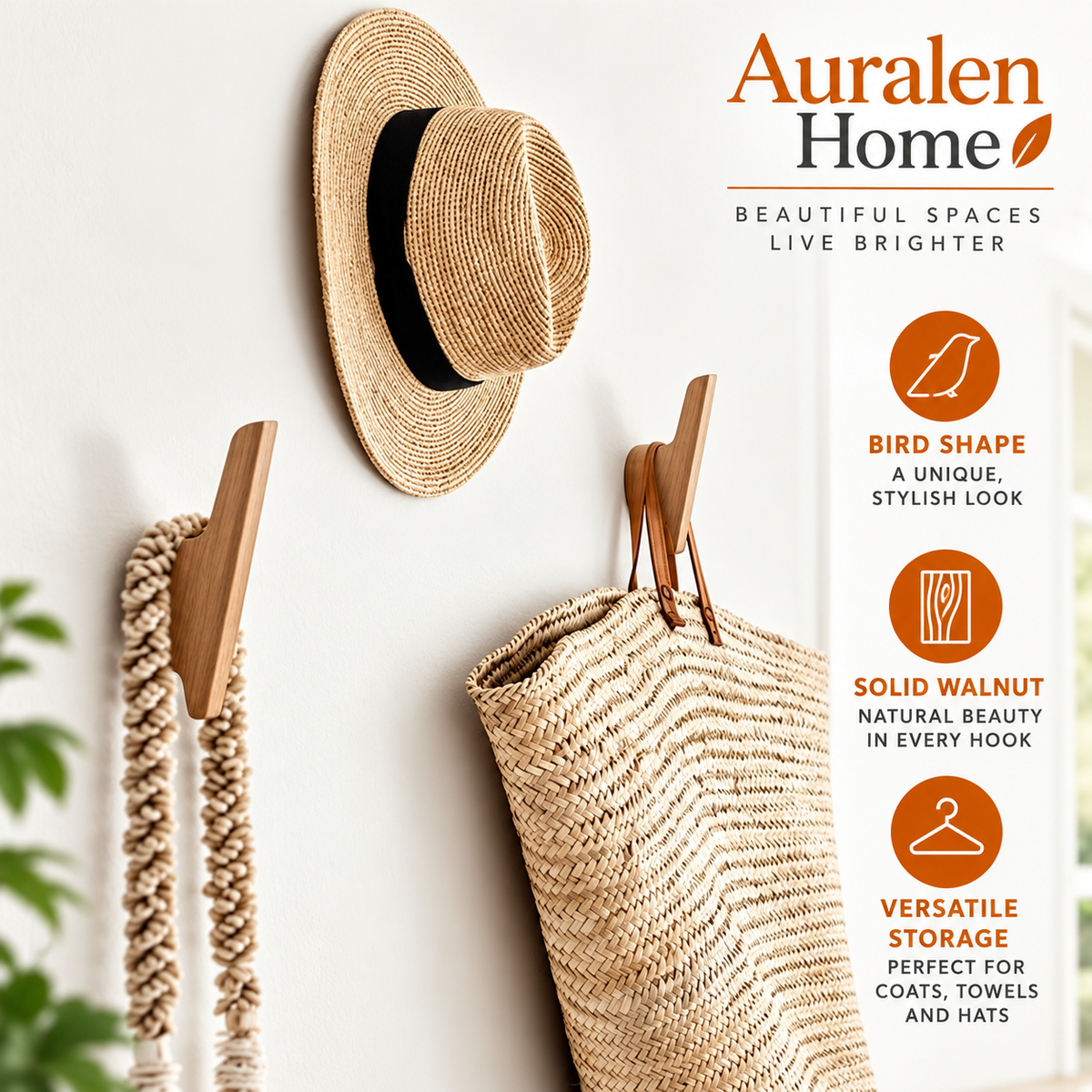 Auralen Home — Bird Shape Wood Hooks with Solid Walnut Design for Coat, Towel, and Hat Storage