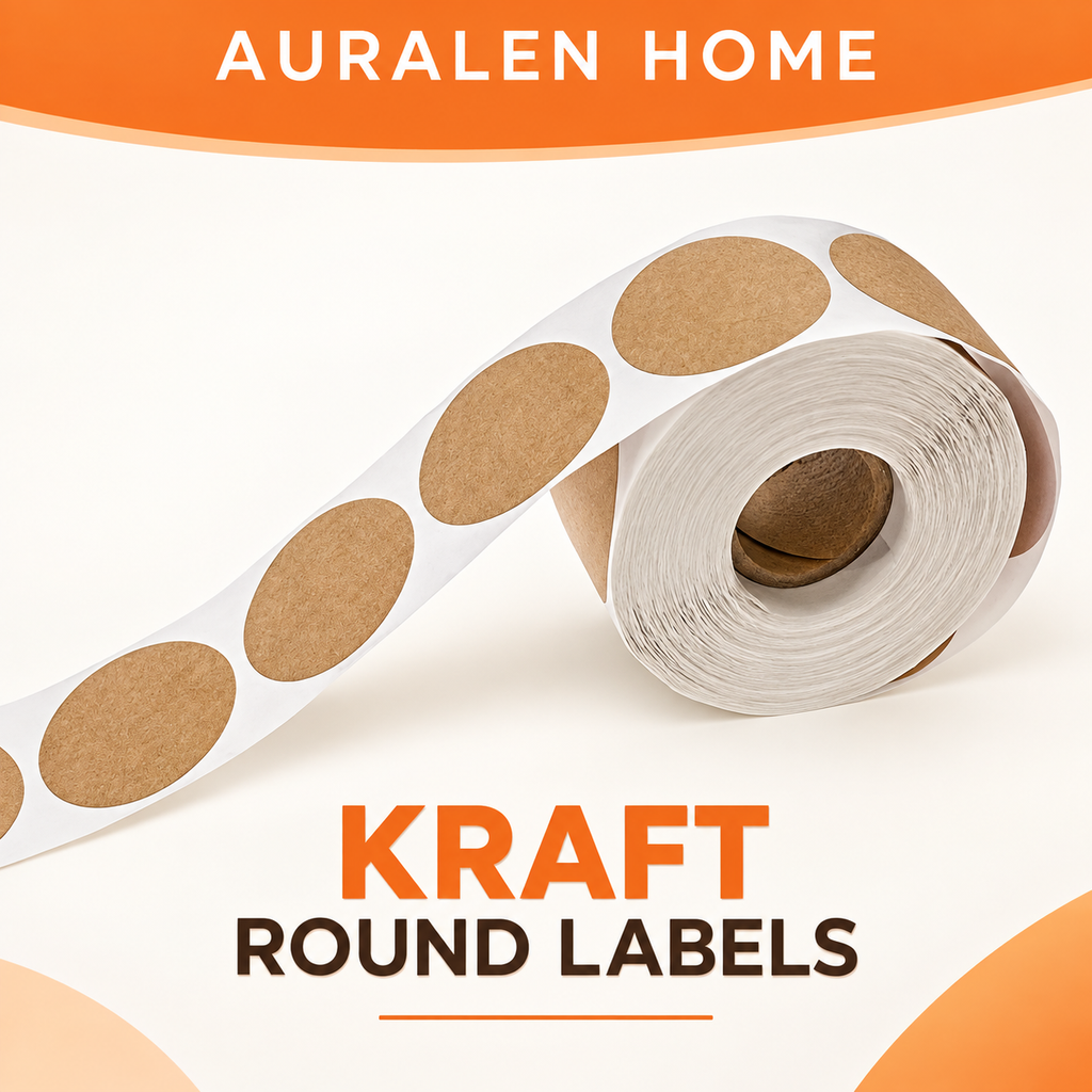 Auralen Home — Self Adhesive Kraft Round Label Roll with Writable Design for Classification Name and Packaging Use