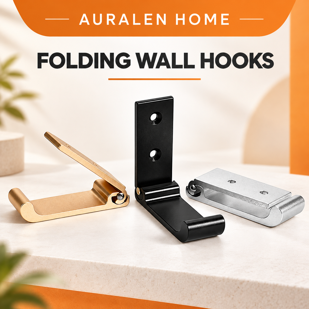 Auralen Home — 5 Pcs Folding Wall Hooks Set with Aluminum Alloy Wall Mount Design for Coats Towels Clothes and Headphones