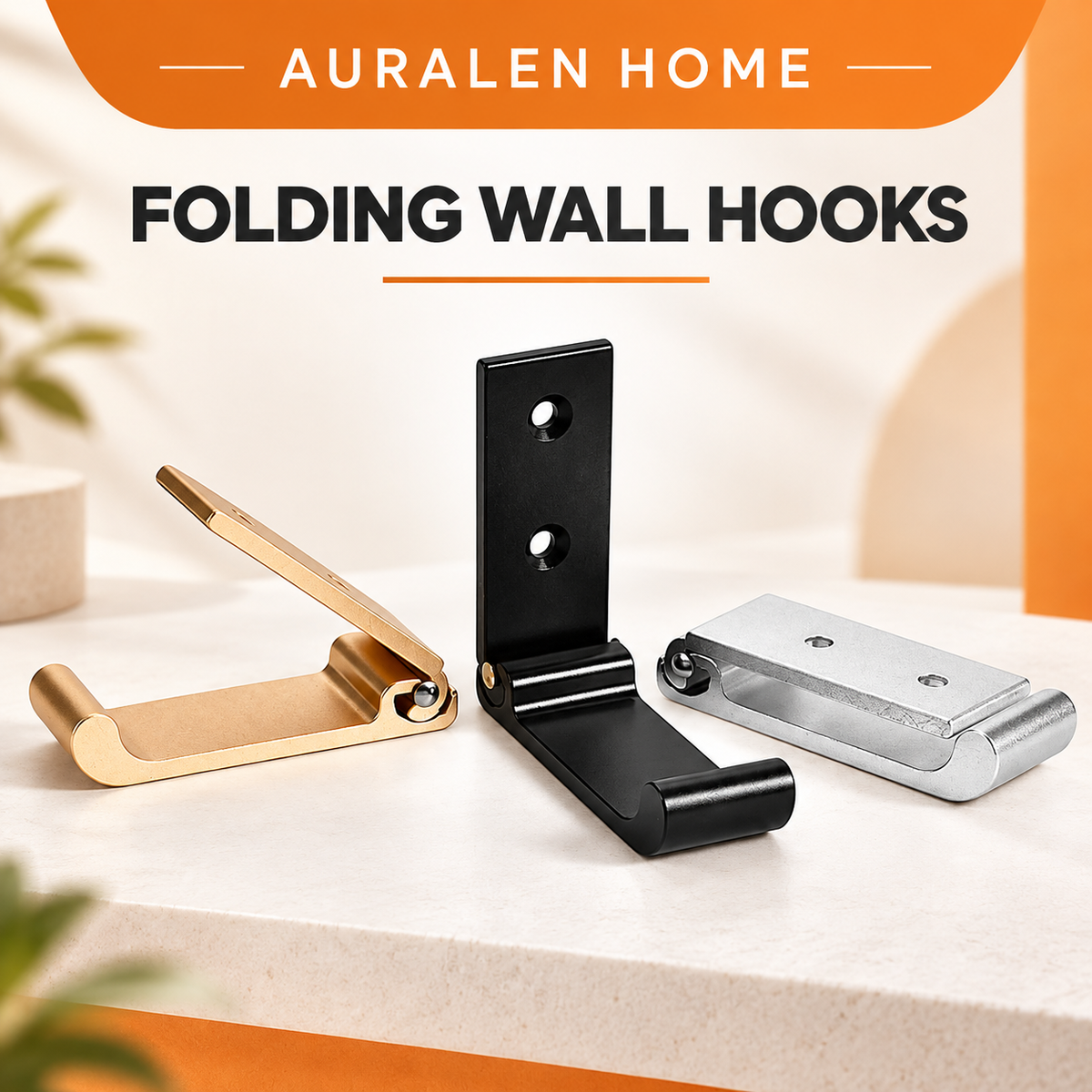 Auralen Home — 5 Pcs Folding Wall Hooks Set with Aluminum Alloy Wall Mount Design for Coats Towels Clothes and Headphones