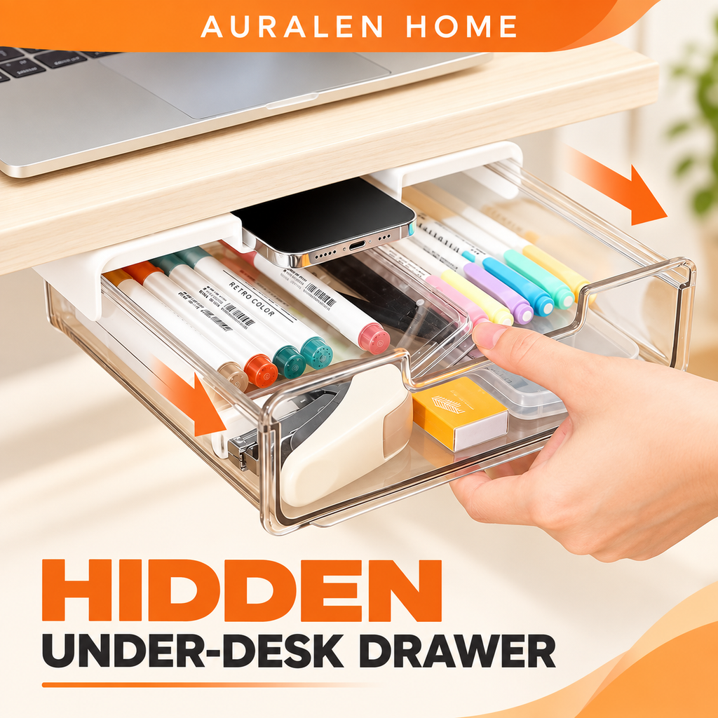 Auralen Home — Hidden Under Desk Drawer with Self Adhesive Sliding Design for Office and Workspace Storage