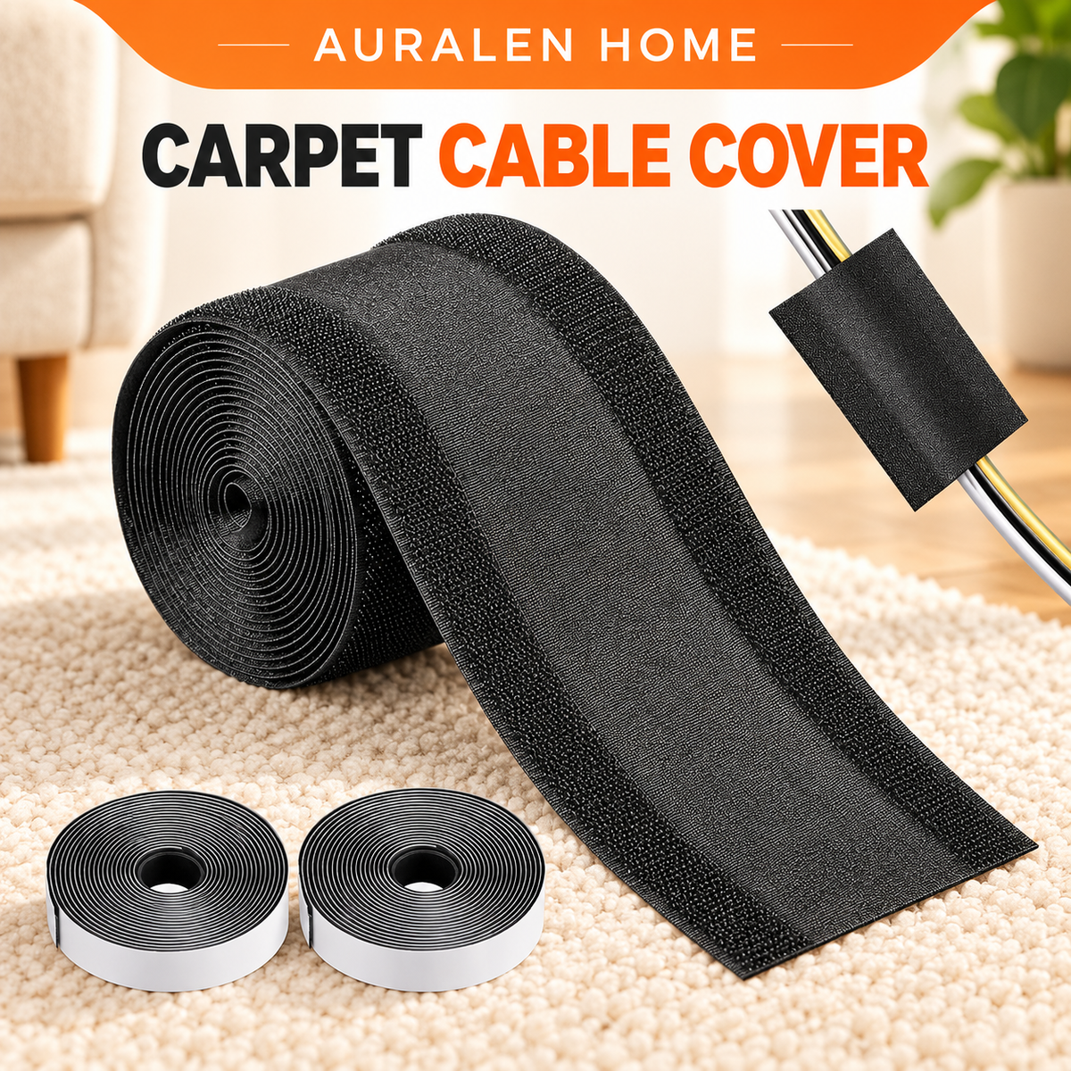 Auralen Home — Carpet Cable Cover with Nylon Floor Cord Protector for Office and Home Wire Management