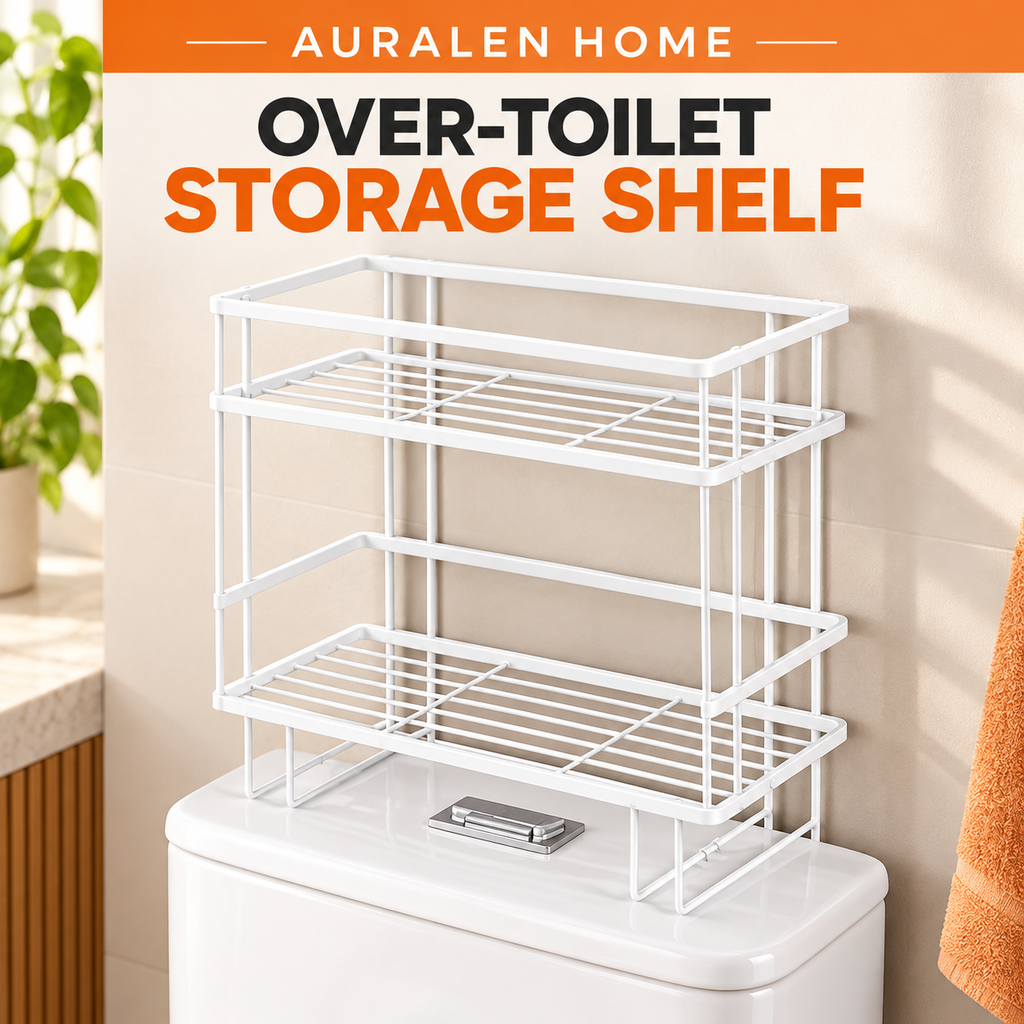 Auralen Home — No Drill Over Toilet Storage Shelf with 2 Tier Design for Bathroom Essentials, Towels, and Toiletries