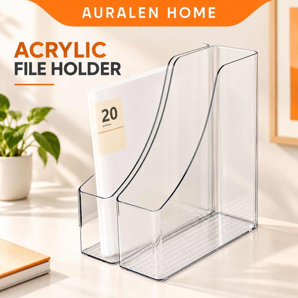 Auralen Home — Acrylic Magazine File Holder 4 Slot Clear Desk Organizer for Documents, Folders and Books