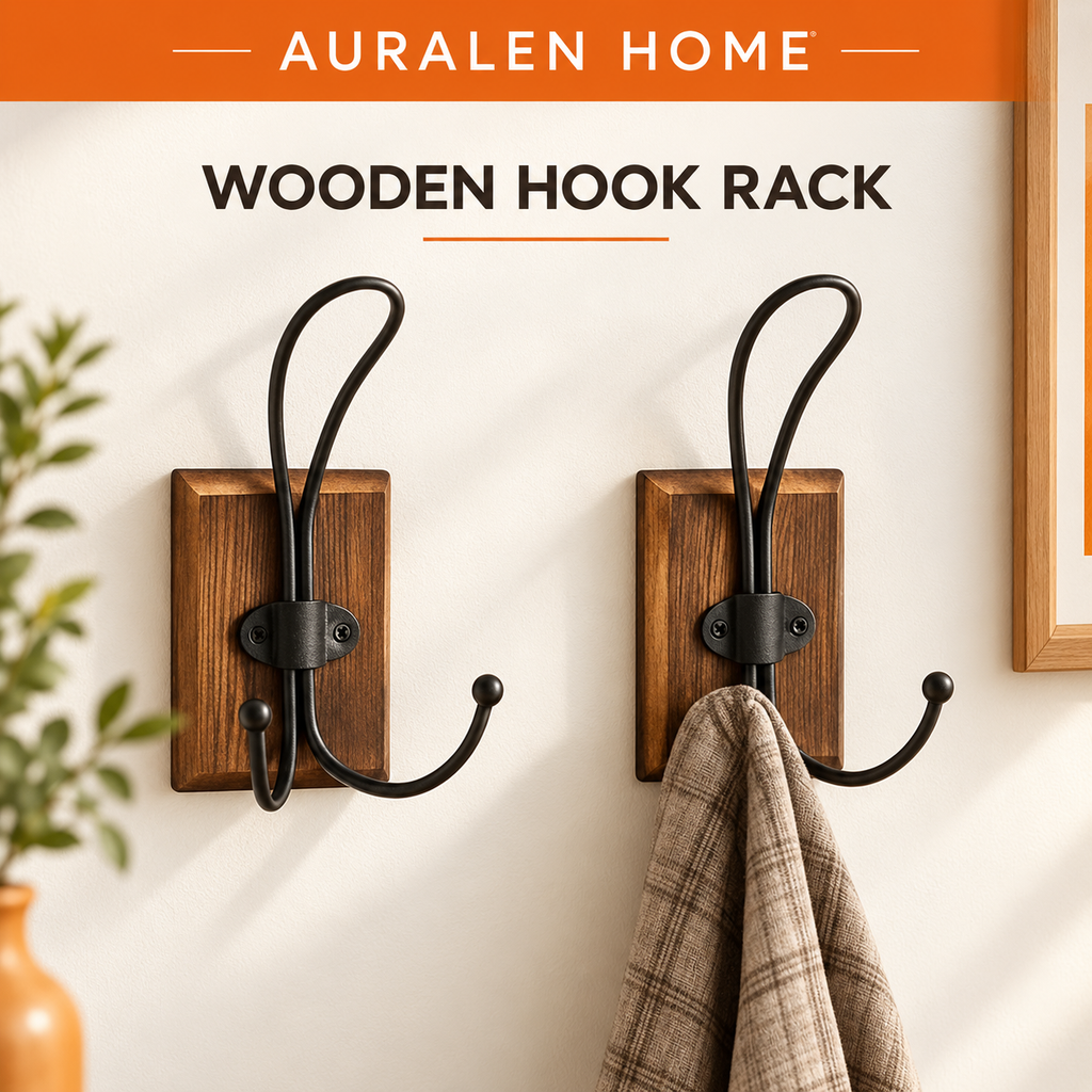 Auralen Home — 2 Pcs Wooden Pine Hook Rack with Self Adhesive Metal Hooks for Bathroom and Entryway Storage