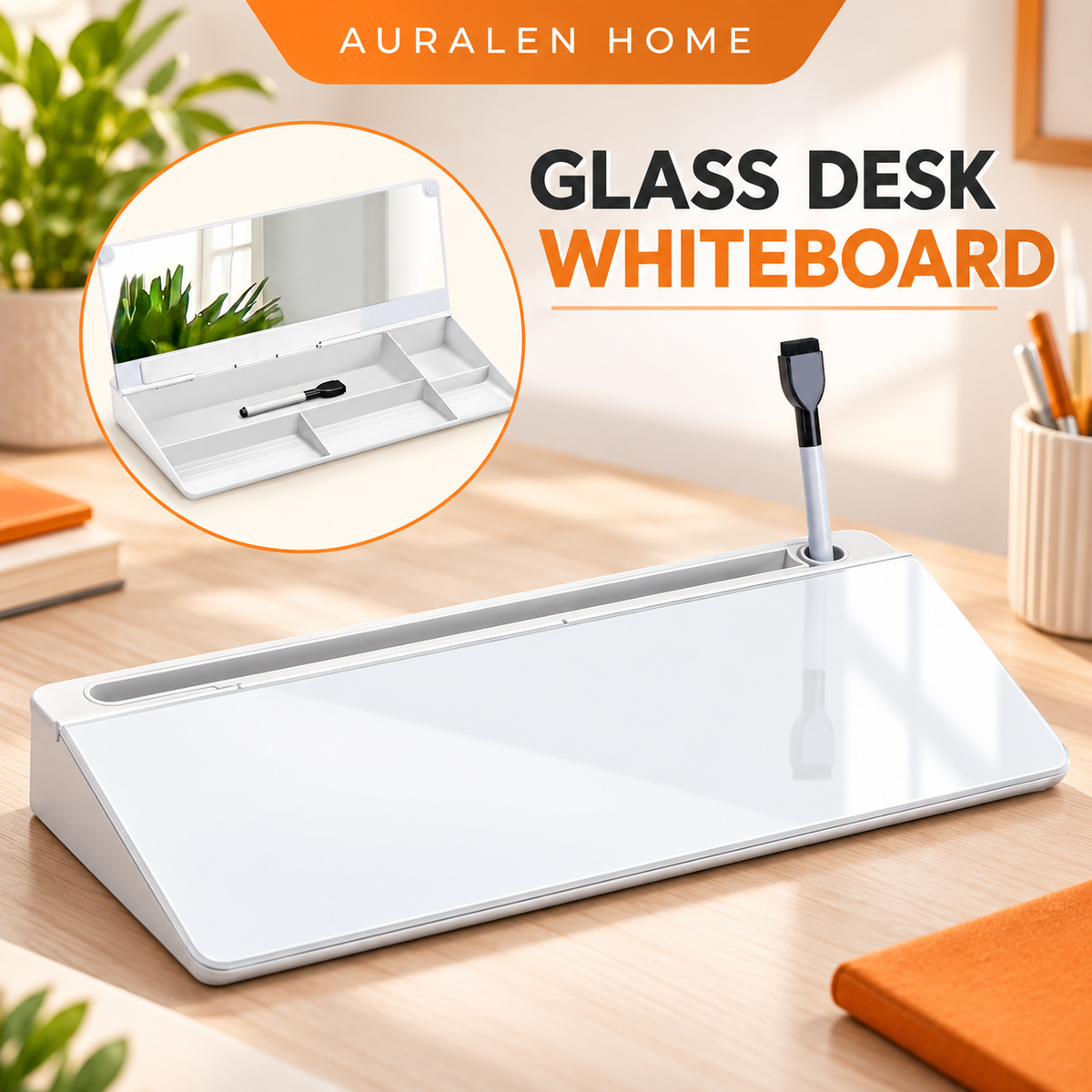 Auralen Home — Desktop Glass Whiteboard with Tempered Surface and Storage Compartment for Home Office Notes