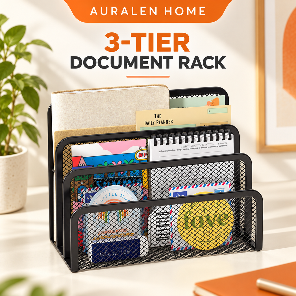 Auralen Home — 3-Layer Notebook Rack with Inclined Metal Mesh Design for Document and Office Folder Storage