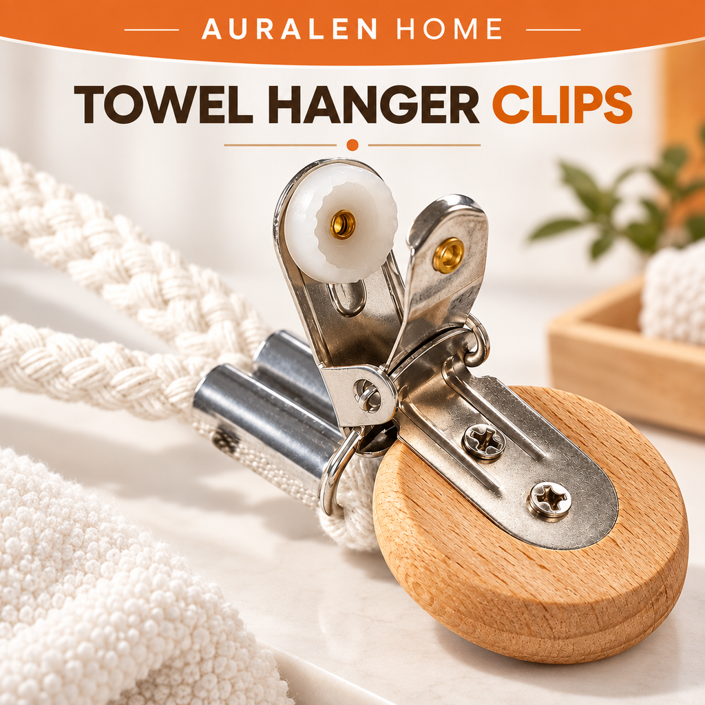 Auralen Home — 2 Pcs Multifunctional Towel Hanger Clips with Cotton Loops and Stainless Steel Hooks for Kitchen, Bathroom and Home Organization
