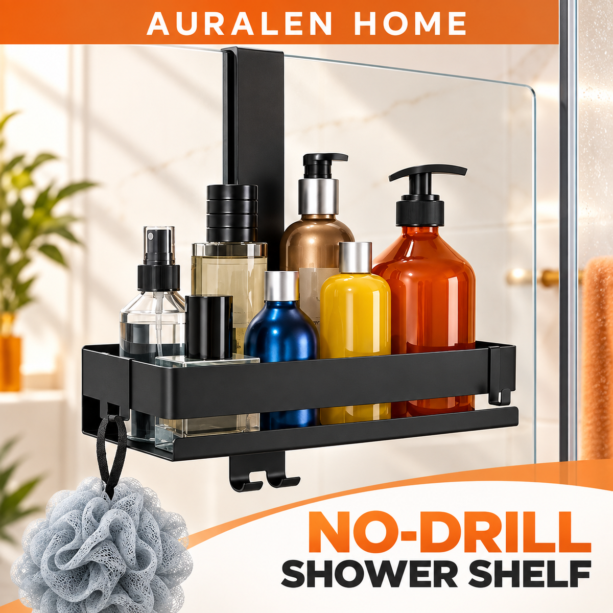 Auralen Home — No Drill Stainless Steel Bathroom Shelf with Hooks for Shower Storage and Bathroom Organization