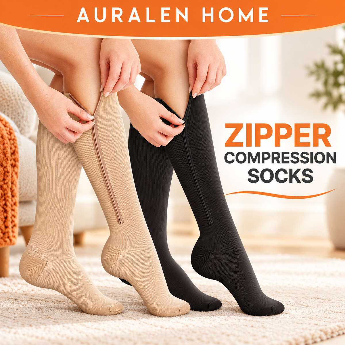 Auralen Home — Zipper Compression Socks with Graduated Support Design for Running, Travel, Fitness, and Daily Leg Comfort