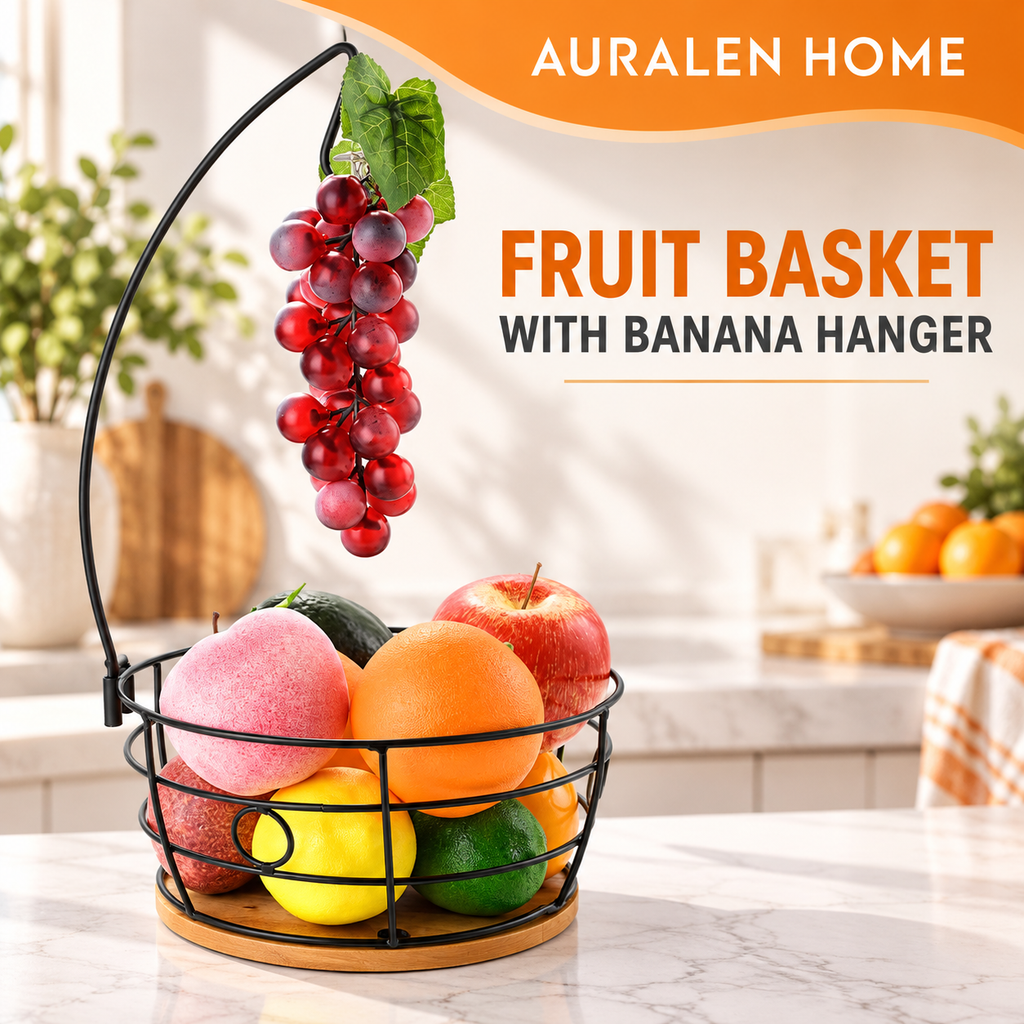 Auralen Home — Fruit Basket Bowl with Banana Hanger for Countertop Kitchen Fruit Storage
