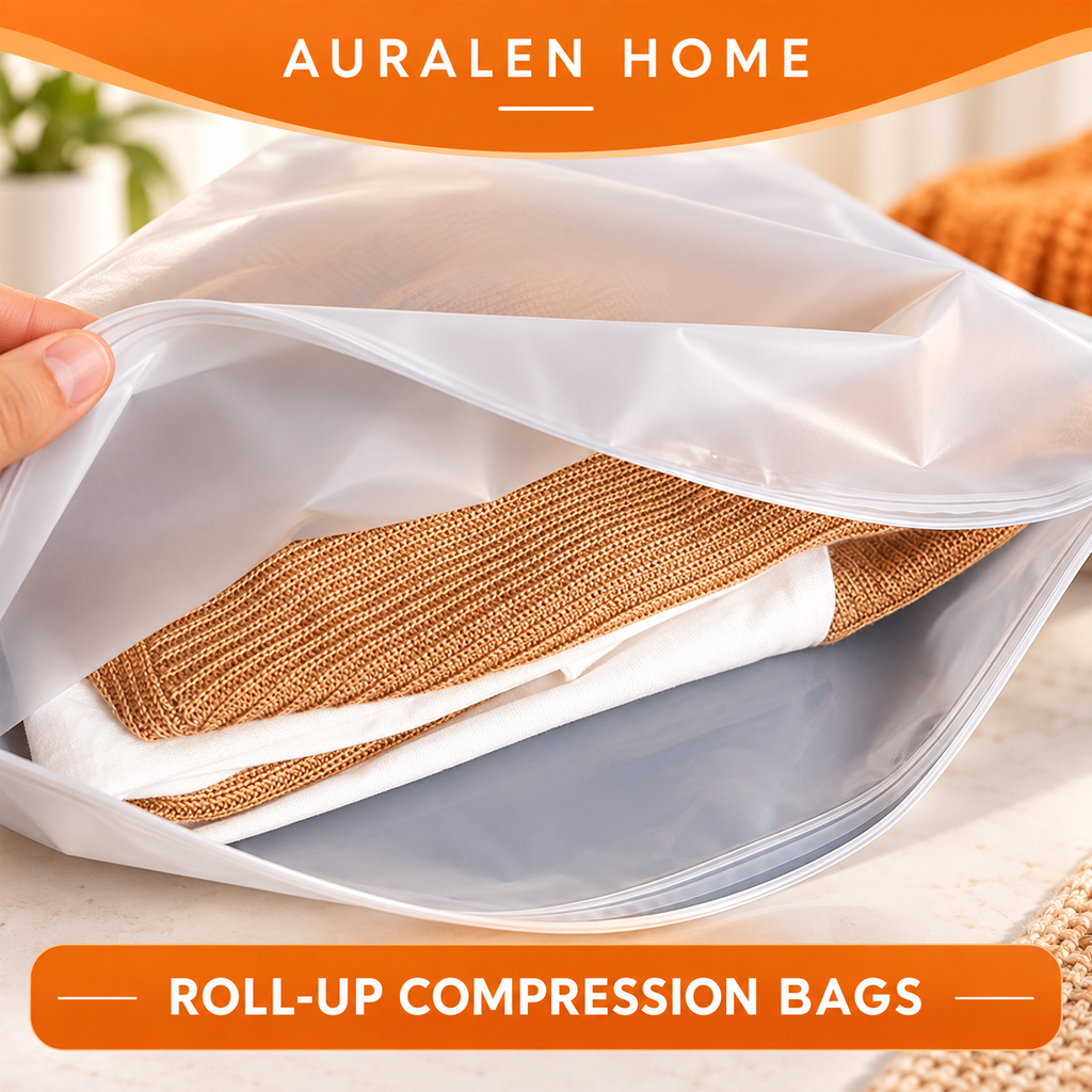 Auralen Home — Roll Up Compression Bags with No-Pump Design for Clothes, Blankets, and Travel Storage