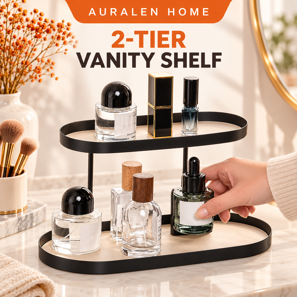Auralen Home — 2-Tier Vanity Shelf with Oval Metal Frame for Perfume Cosmetics Lipstick and Countertop Storage
