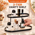 Auralen Home — 2-Tier Vanity Shelf with Oval Metal Frame for Perfume Cosmetics Lipstick and Countertop Storage