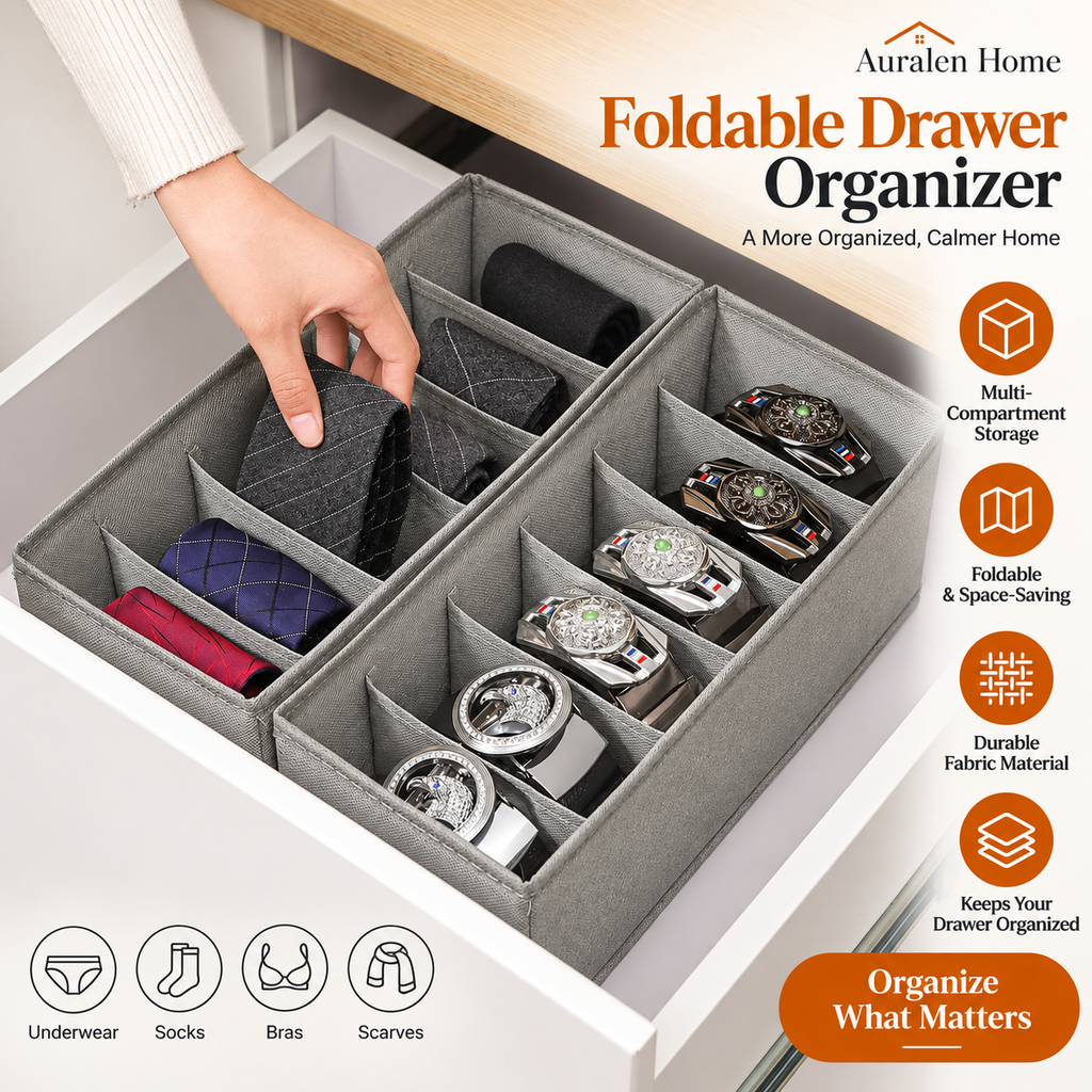 Auralen Home — Foldable Closet Drawer Organizer for Underwear, Socks, Bras, Scarves and Wardrobe Storage