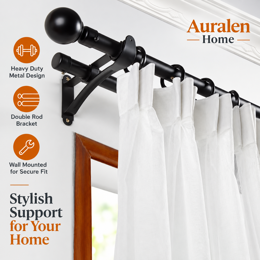 Auralen Home — Double Curtain Bracket with Heavy Duty Metal Design for Wall Mounted Curtain Rods