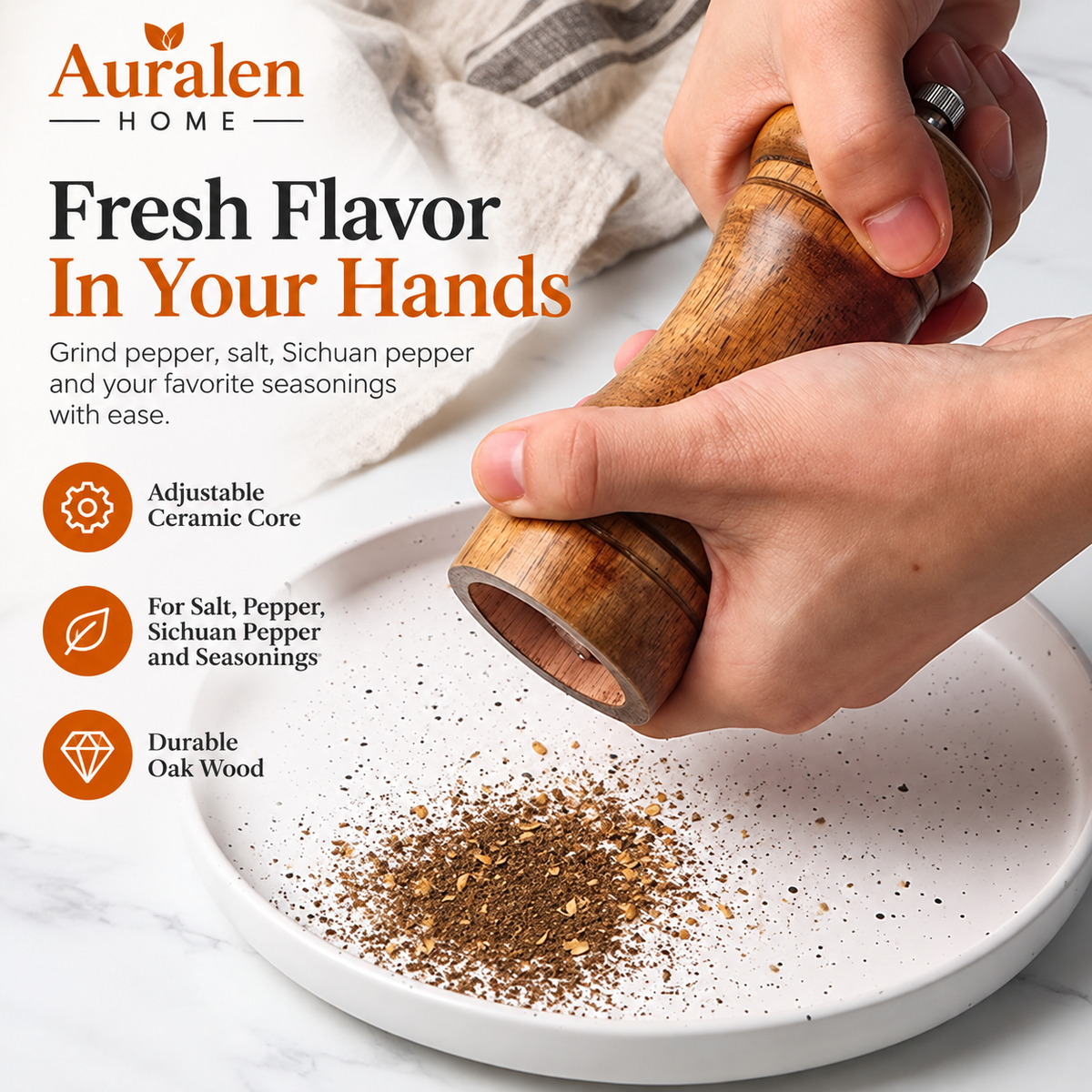Auralen Home — Oak Pepper Grinder with Adjustable Ceramic Core for Salt Pepper Sichuan Pepper and Seasoning Use