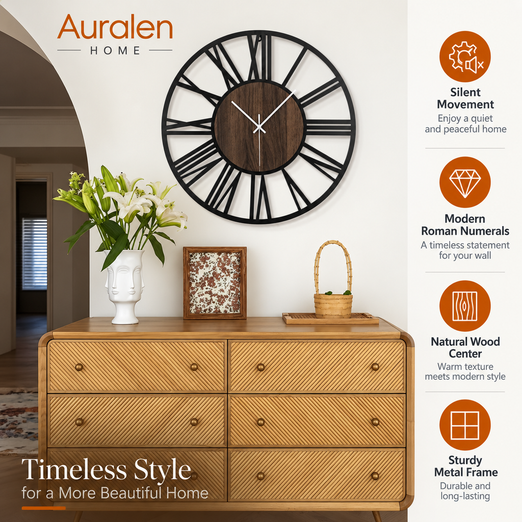 Auralen Home — 3D Roman Numeral Wall Clock with Silent Round Wood Metal Design for Living Room Decor