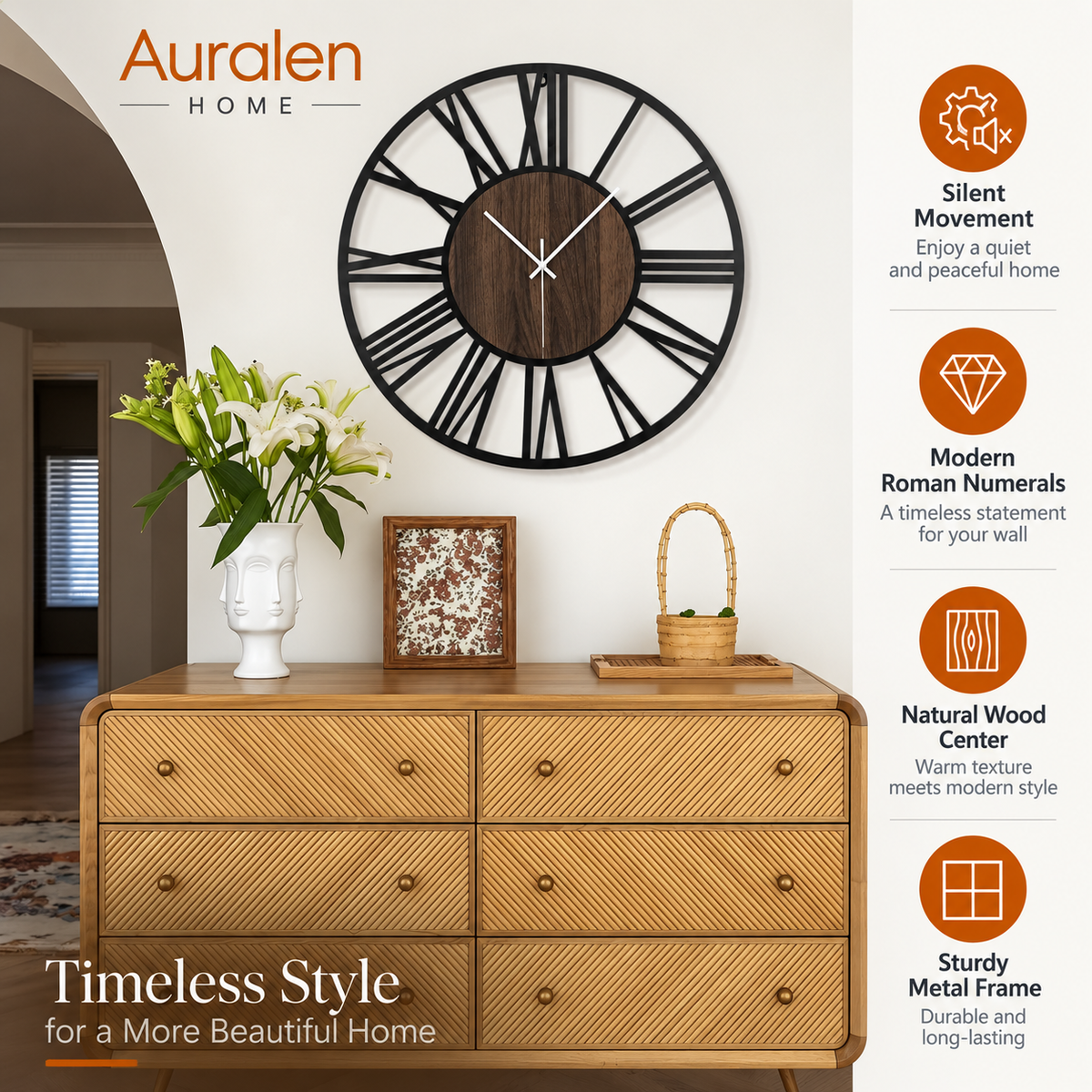 Auralen Home — 3D Roman Numeral Wall Clock with Silent Round Wood Metal Design for Living Room Decor