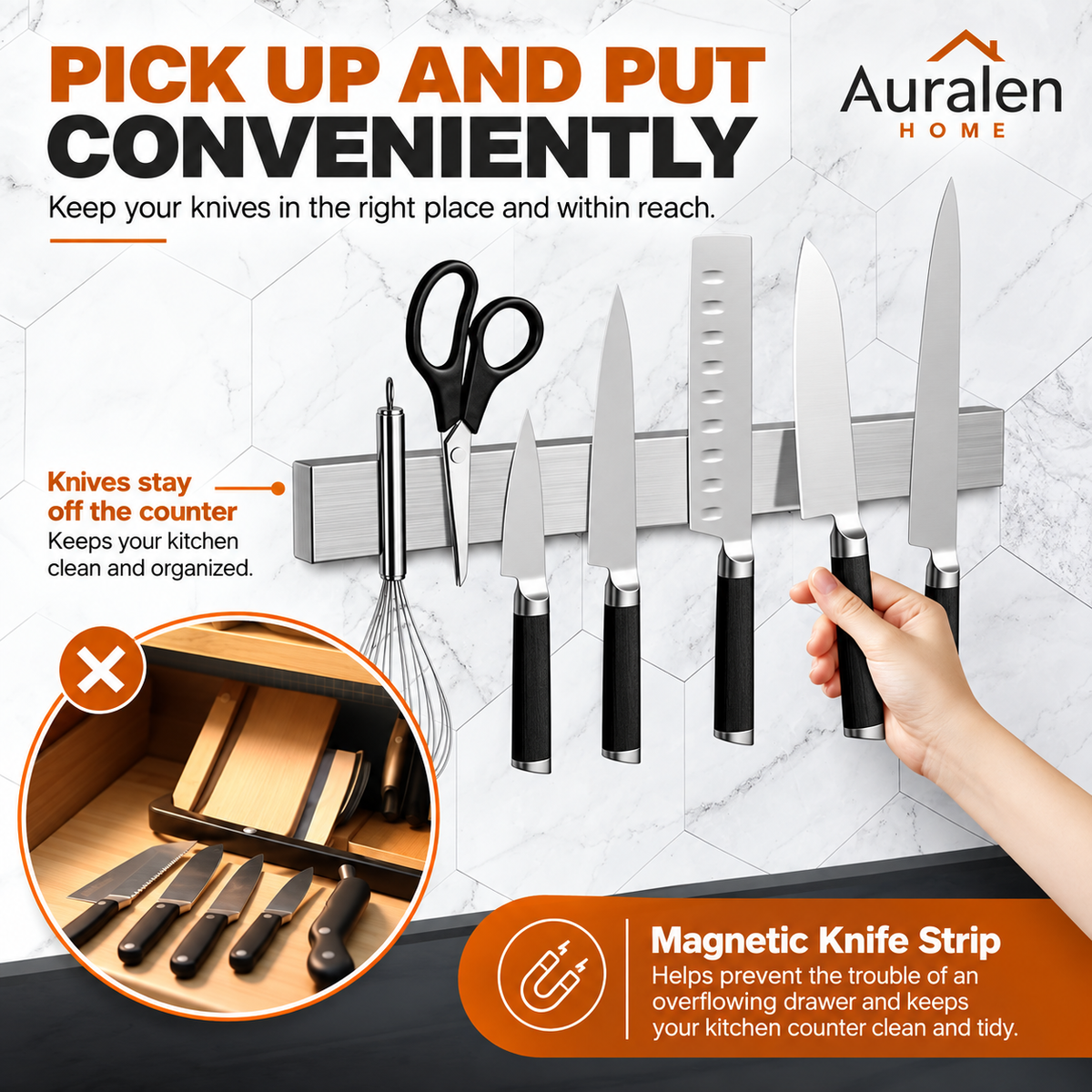 Auralen Home — Magnetic Knife Holder with 304 Stainless Steel Strip and Hooks for Wall-Mounted Kitchen Storage
