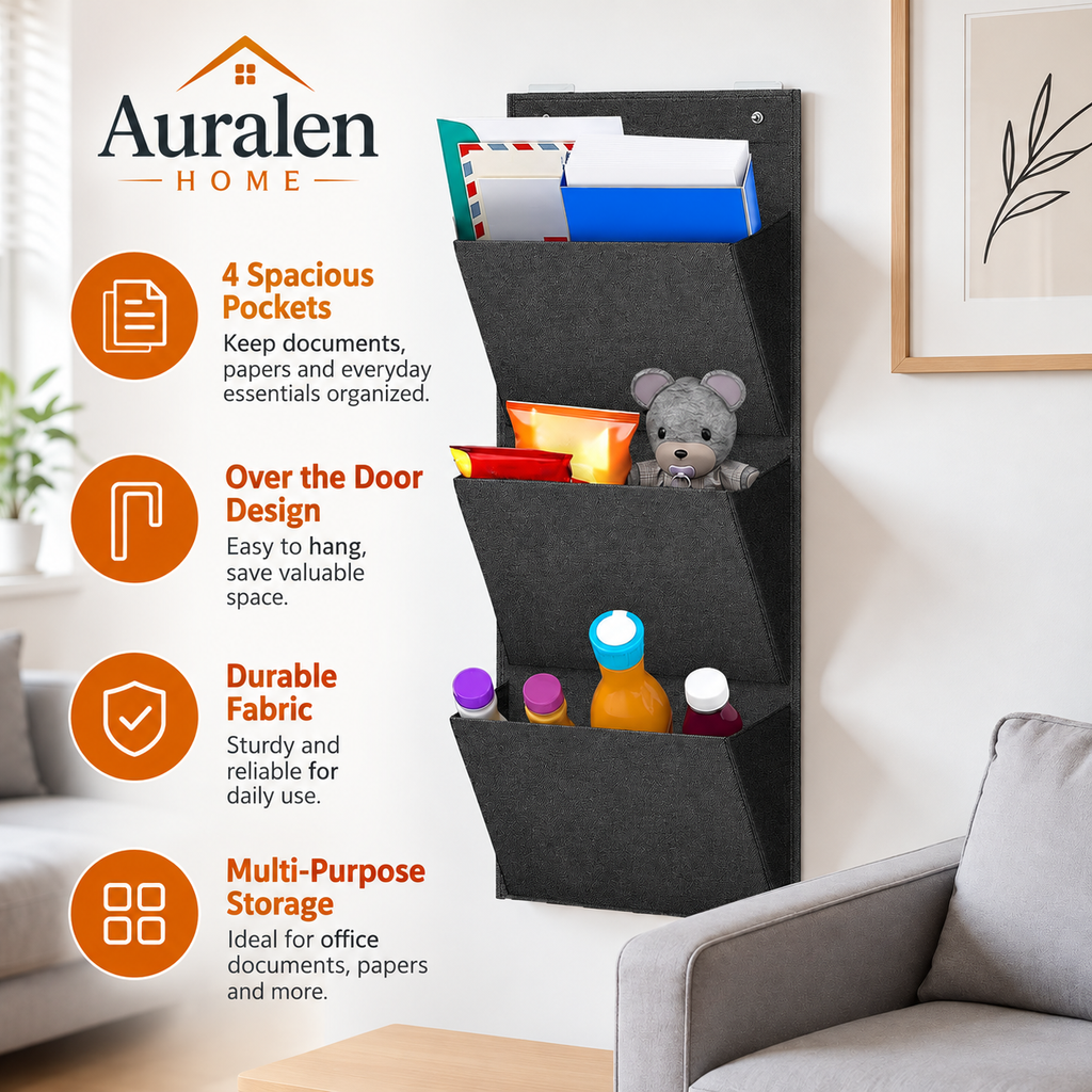 Auralen Home — Over the Door Hanging File Organizer with 4 Pockets for Office Documents, Papers, and Storage Organization