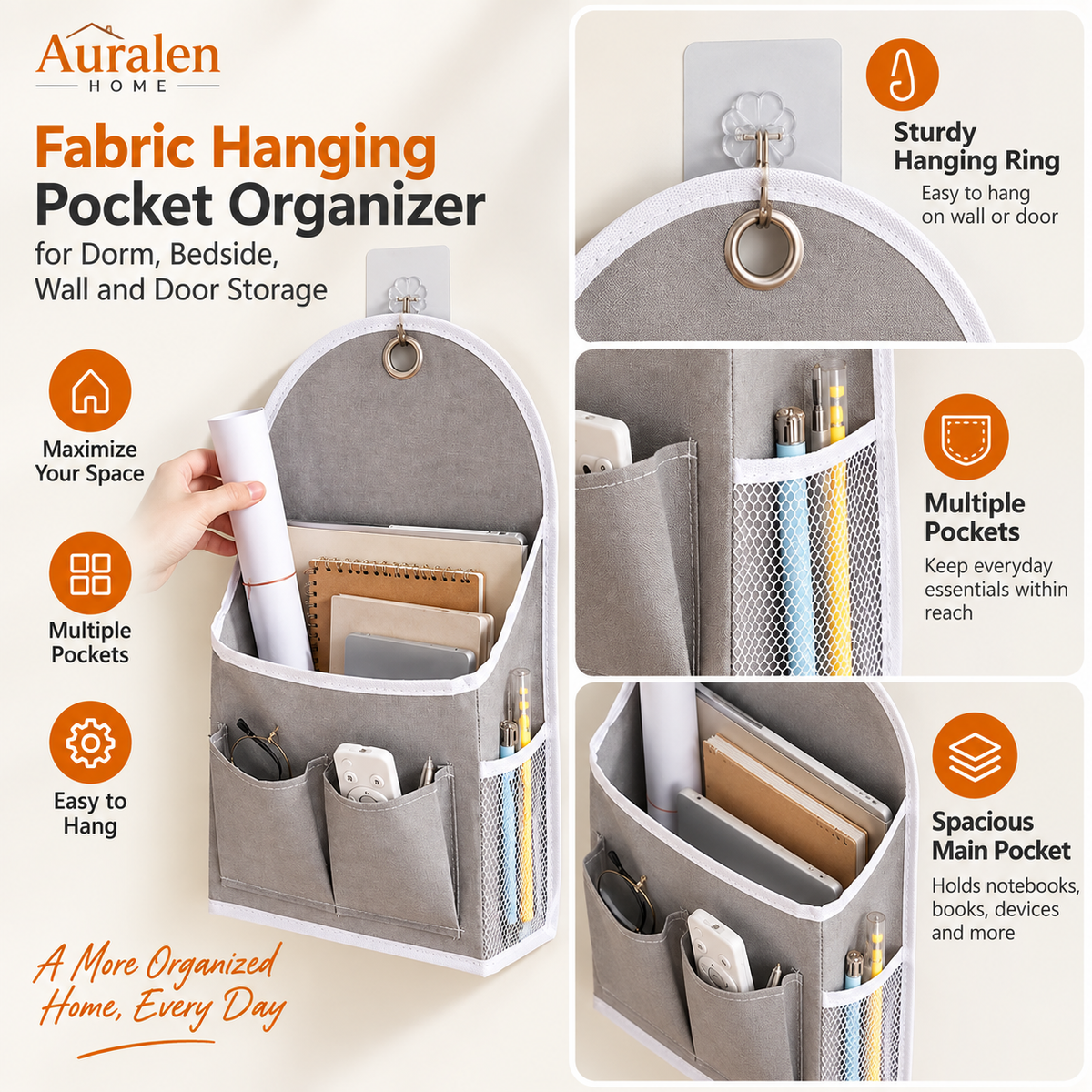 Auralen Home — Fabric Hanging Pocket Organizer for Dorm, Bedside, Wall and Door Storage