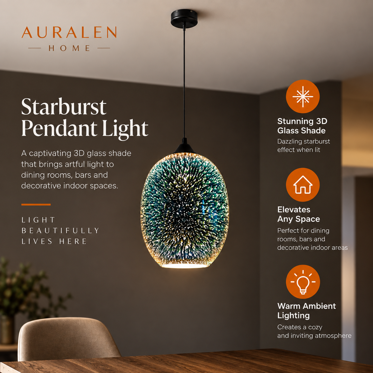 Auralen Home — Starburst Pendant Light with 3D Glass Shade Design for Dining Rooms Bars and Decorative Indoor Lighting
