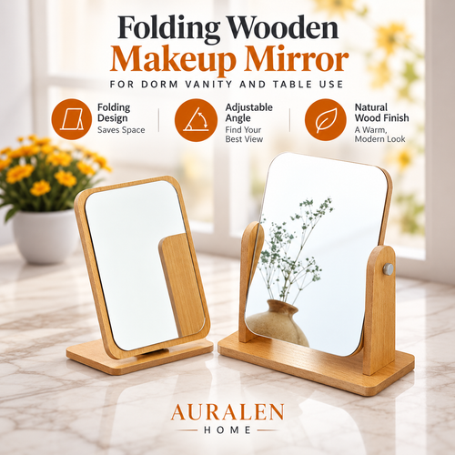 Auralen Home — Folding Wooden Makeup Mirror with Adjustable Desktop Stand for Dorm Vanity and Table Use