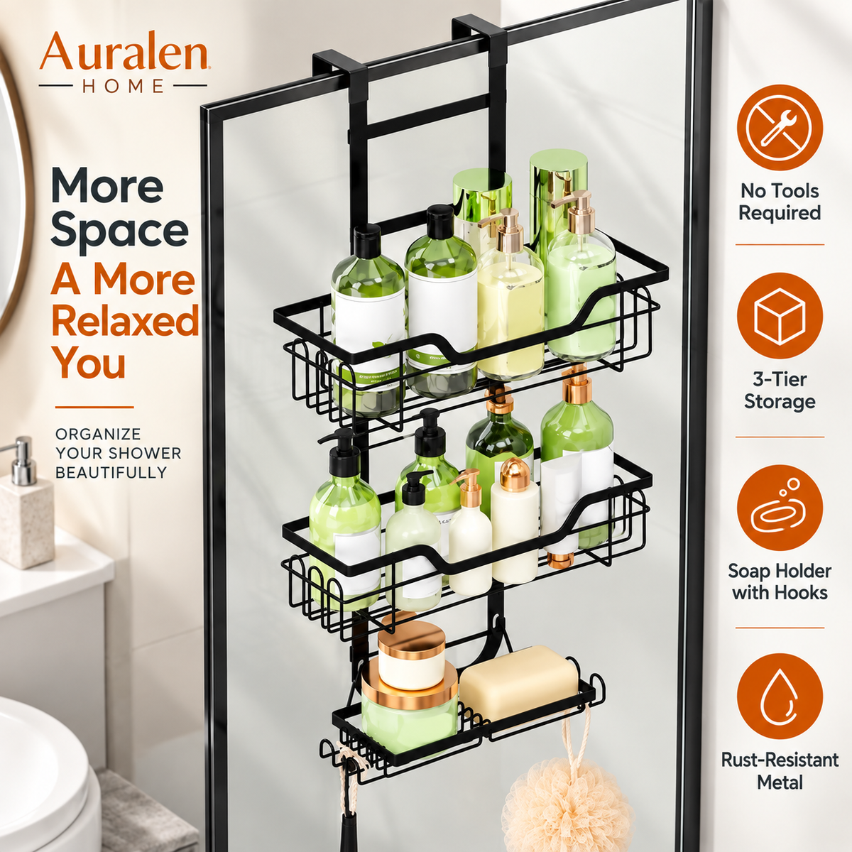 Auralen Home — 3 Tier Hanging Shower Caddy with Soap Holders for Bathroom Door Storage