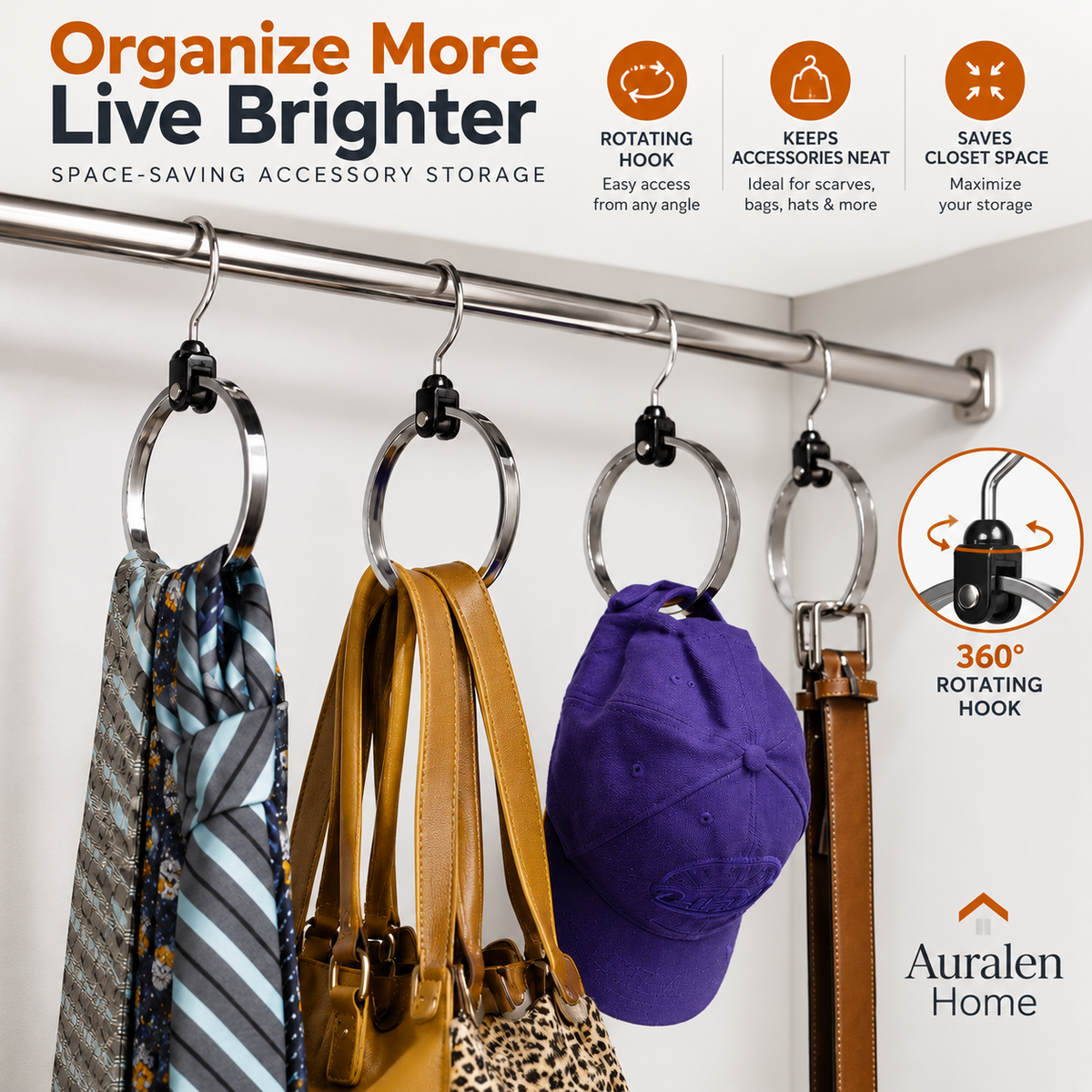 Auralen Home — Circular Closet Organizer Hanger with Rotating Hook for Space-Saving Accessory Storage