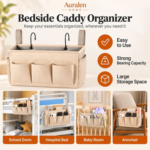 Auralen Home — Bedside Caddy Organizer with Multiple Pockets and Hooks for Beds, Sofas and Dorm Storage