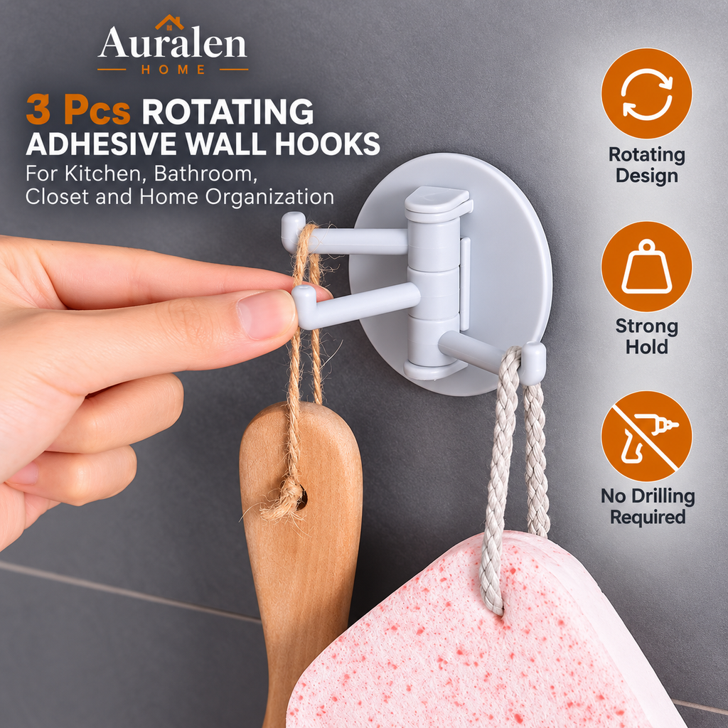 Auralen Home — 3 Pcs Rotating Adhesive Wall Hooks with Strong Hold for Kitchen, Bathroom, Closet and Home Organization