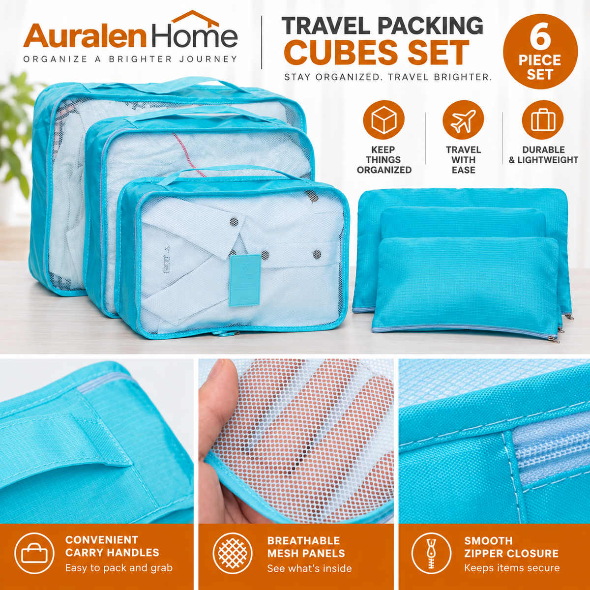 Auralen Home — Six-Piece Travel Packing Cubes Set with Mesh Panels for Luggage and Suitcase Organization