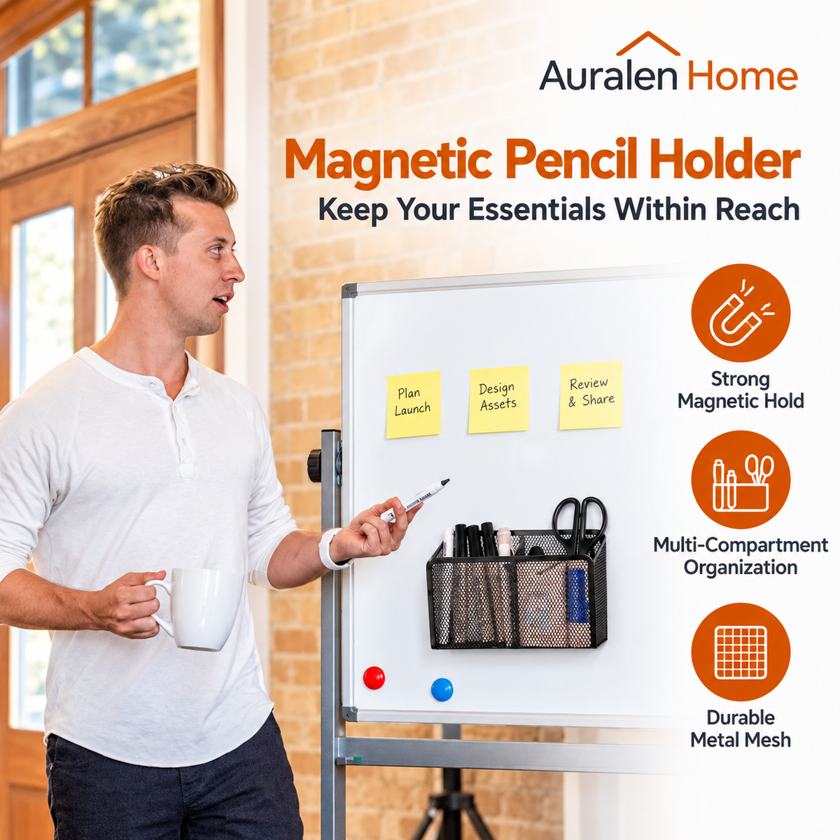 Auralen Home — Magnetic Pencil Holder with Metal Mesh Basket Design for Locker and Desk Storage