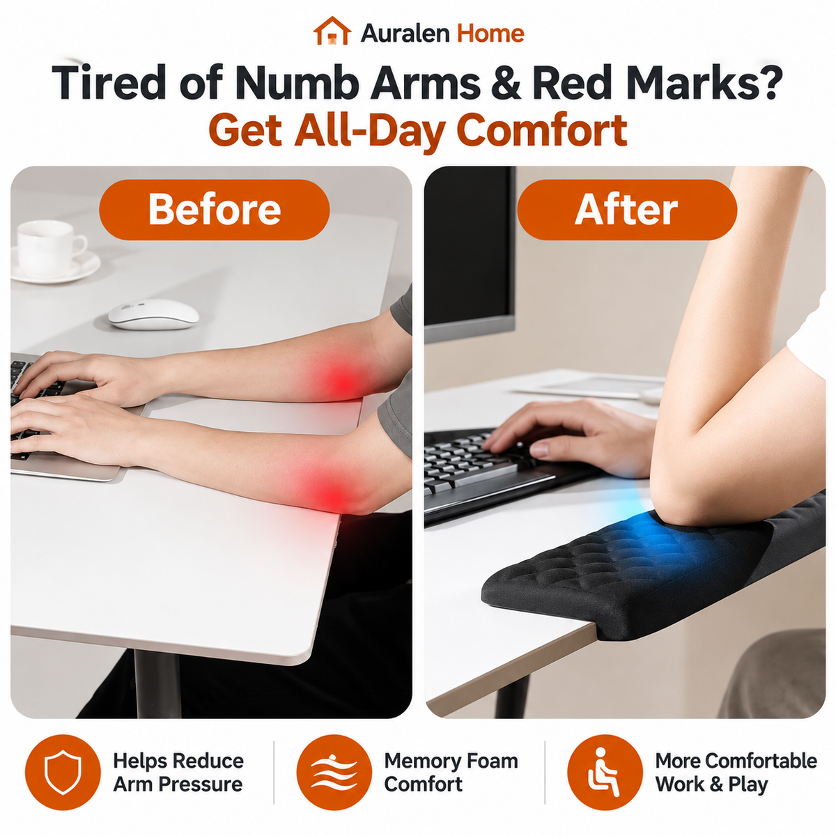 Auralen Home — L-Shaped Desk Edge Pad with Memory Foam Design for Office and Gaming Desks