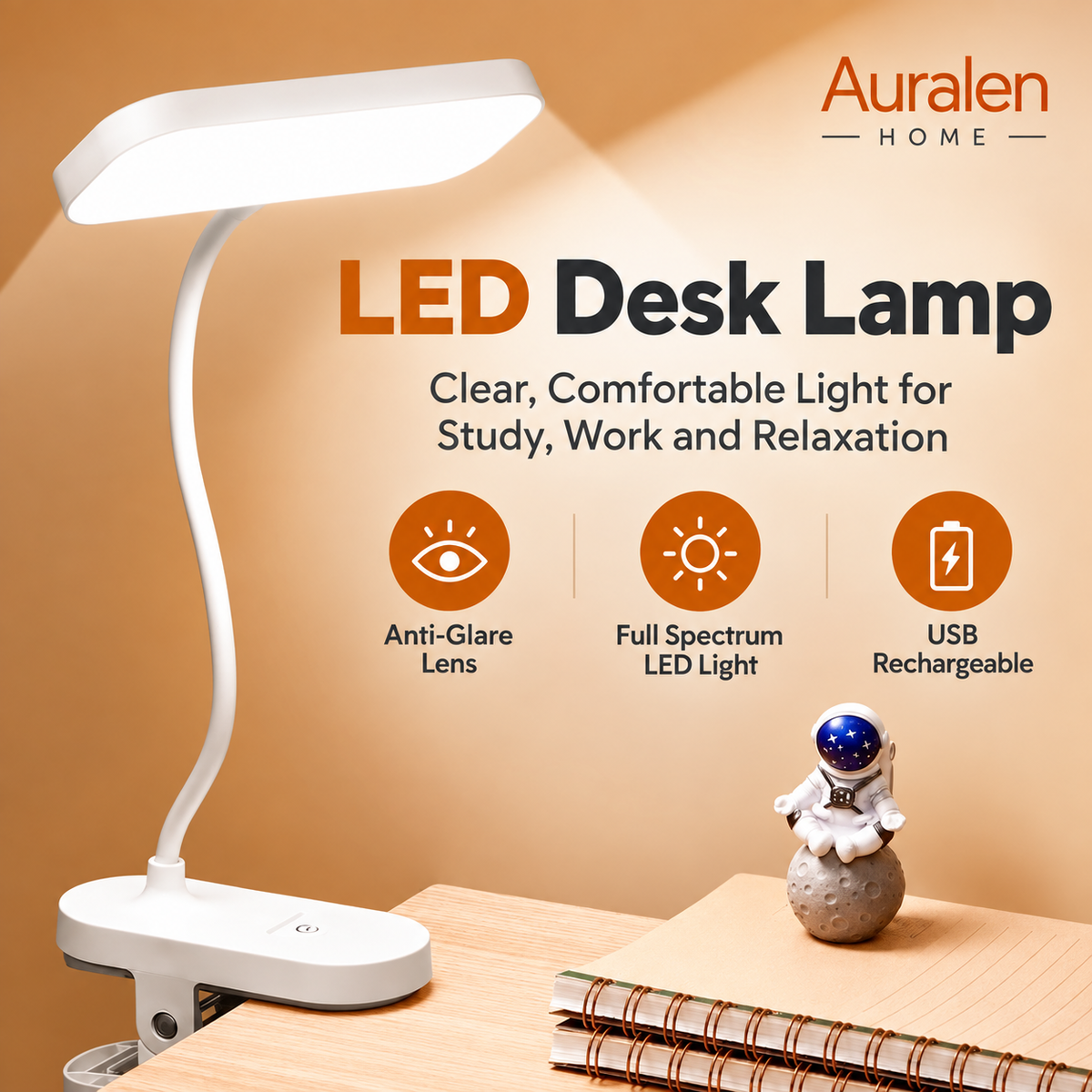 Auralen Home — Clip-On LED Lamp with USB Rechargeable Design for Students, Bedrooms, and Office Desks