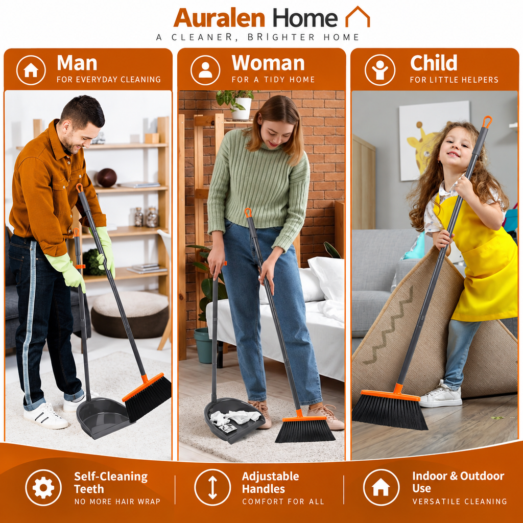 Auralen Home — Broom and Dustpan Set with Self-Cleaning Teeth and Adjustable Handles for Indoor and Outdoor Sweeping