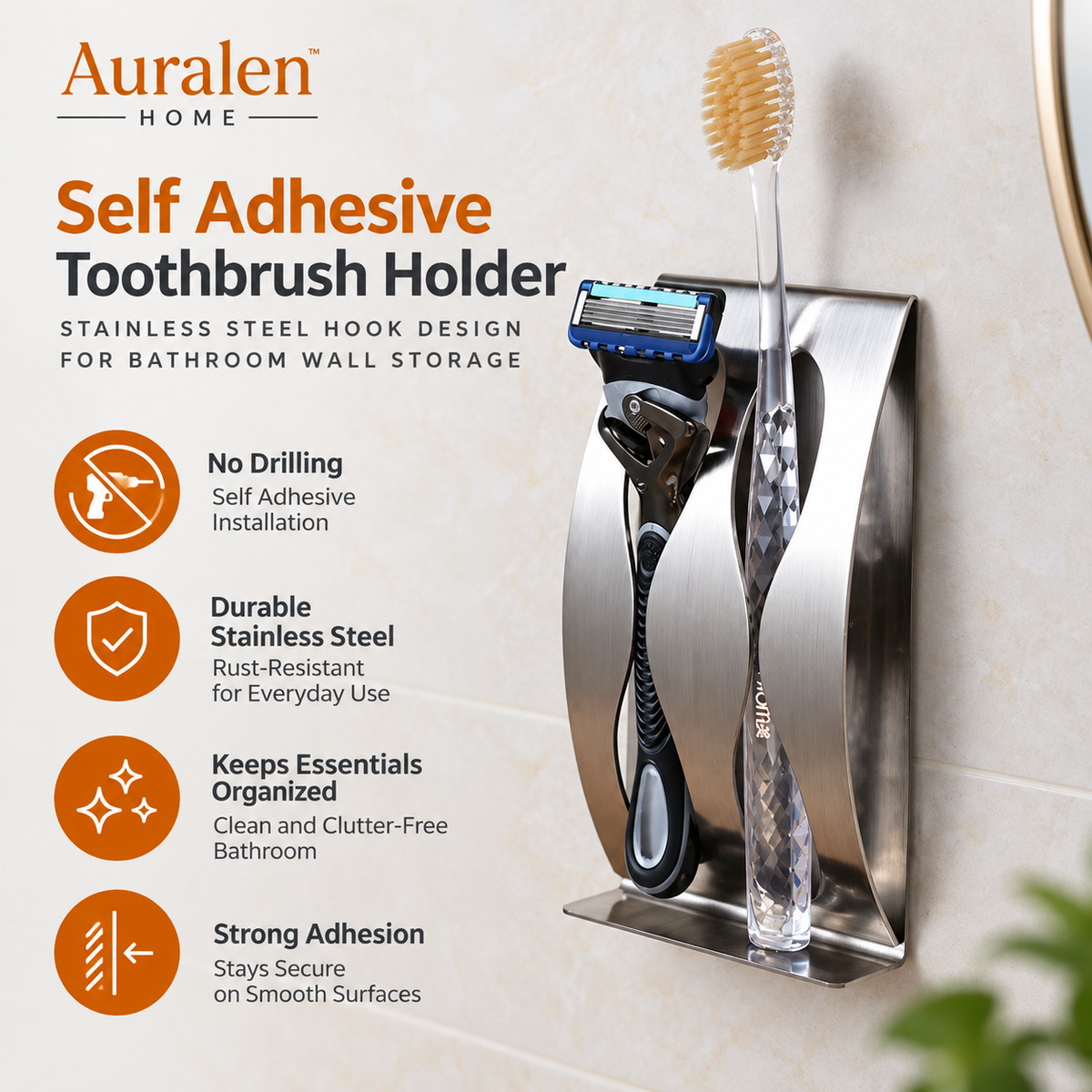 Auralen Home — Self Adhesive Toothbrush Holder with Stainless Steel Hook Design for Bathroom Wall Storage