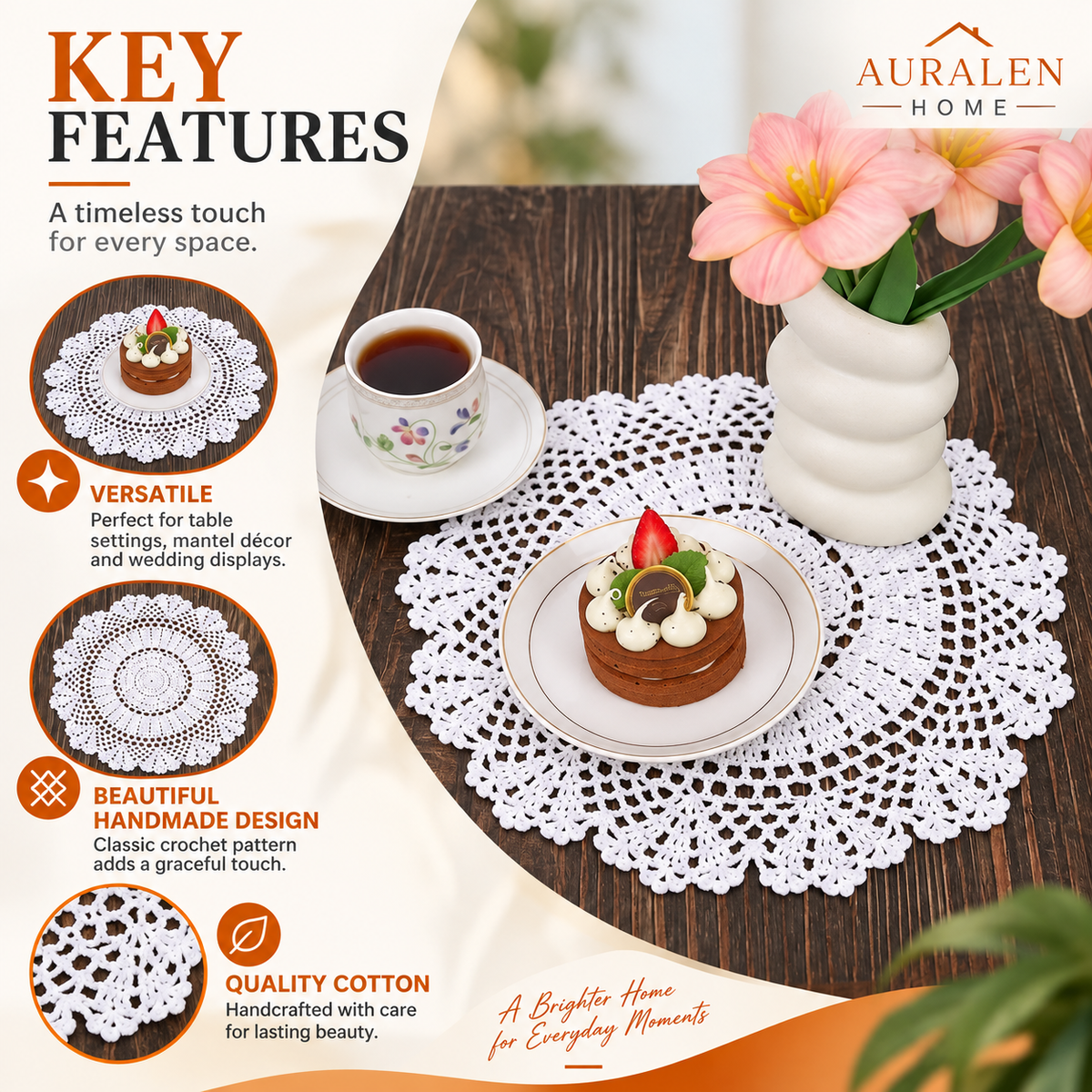 Auralen Home — Round Crochet Lace Doily with Handmade Cotton Design for Table Settings, Mantel Décor and Wedding Displays