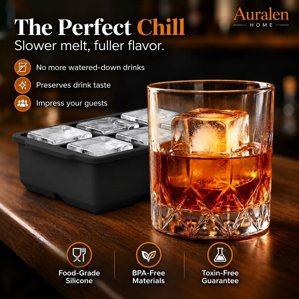 Auralen Home — Jumbo Silicone Ice Tray with Flexible Square Mold Design for Cocktails Freezer Prep and DIY Ice Making