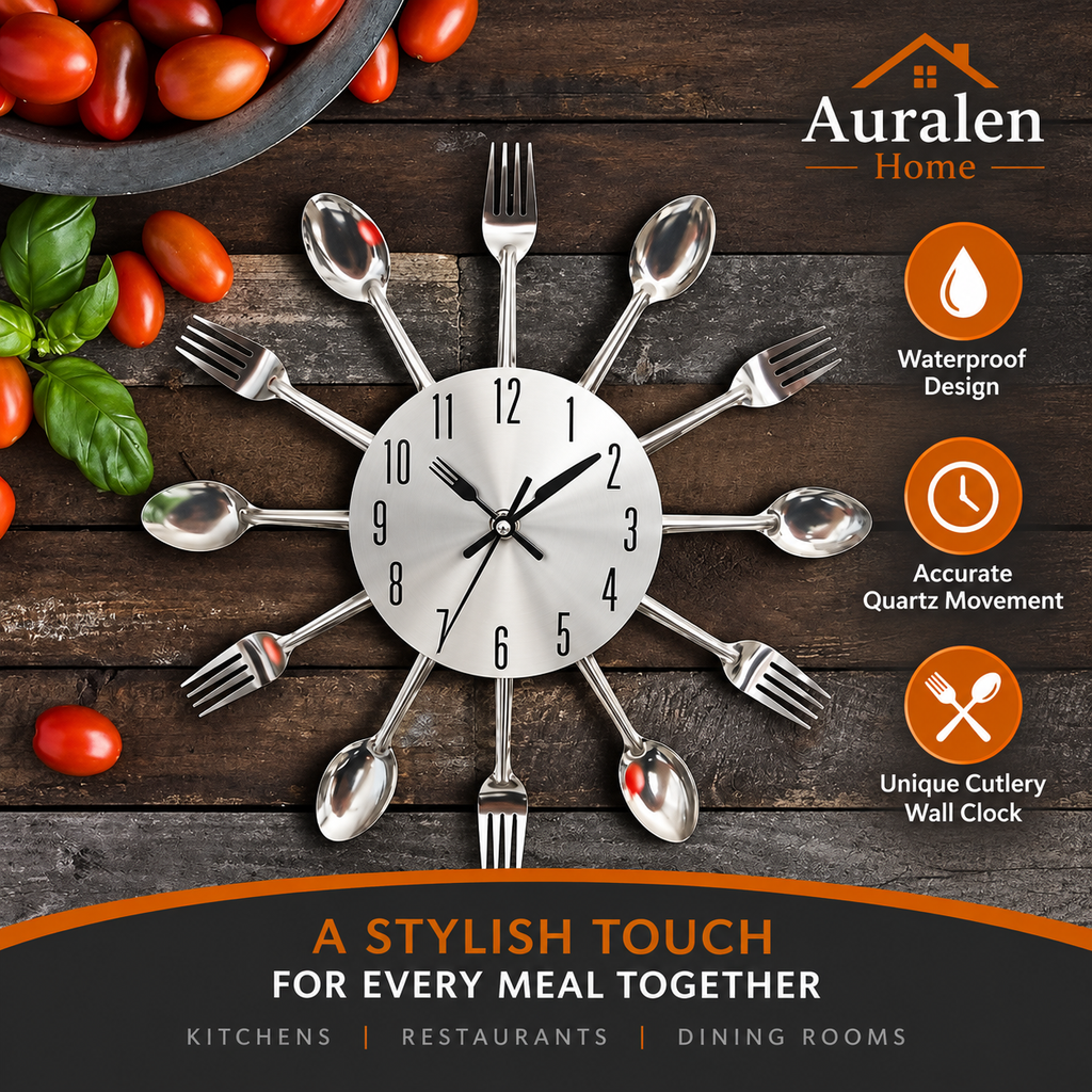 Auralen Home — Colorful Cutlery Wall Clock with Waterproof Quartz Design for Kitchens Restaurants and Dining Rooms